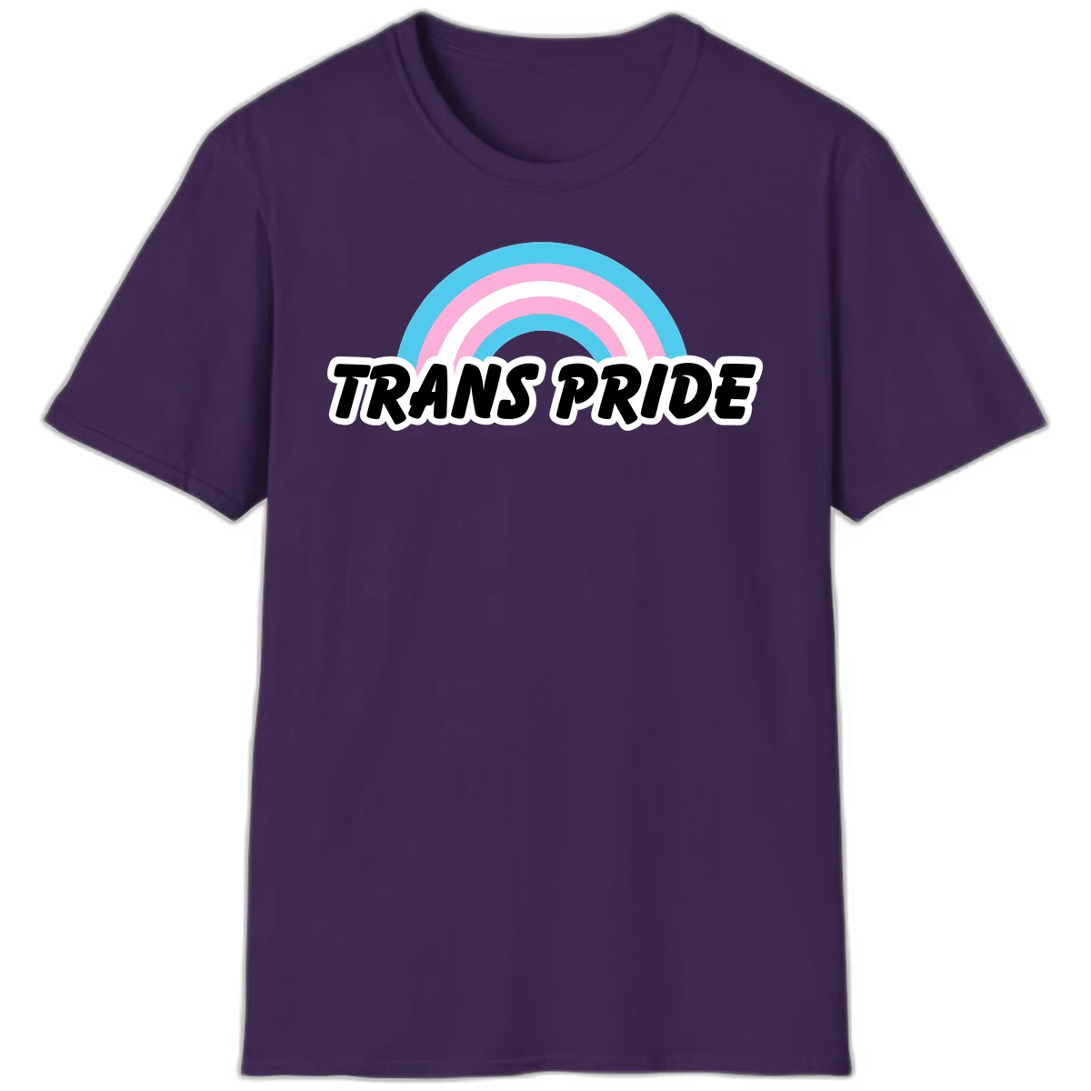 Trans pride rainbow design with cyan, pink, and white concentric arcs above black italic 'TRANS PRIDE' text with white outline on gray background in Purple