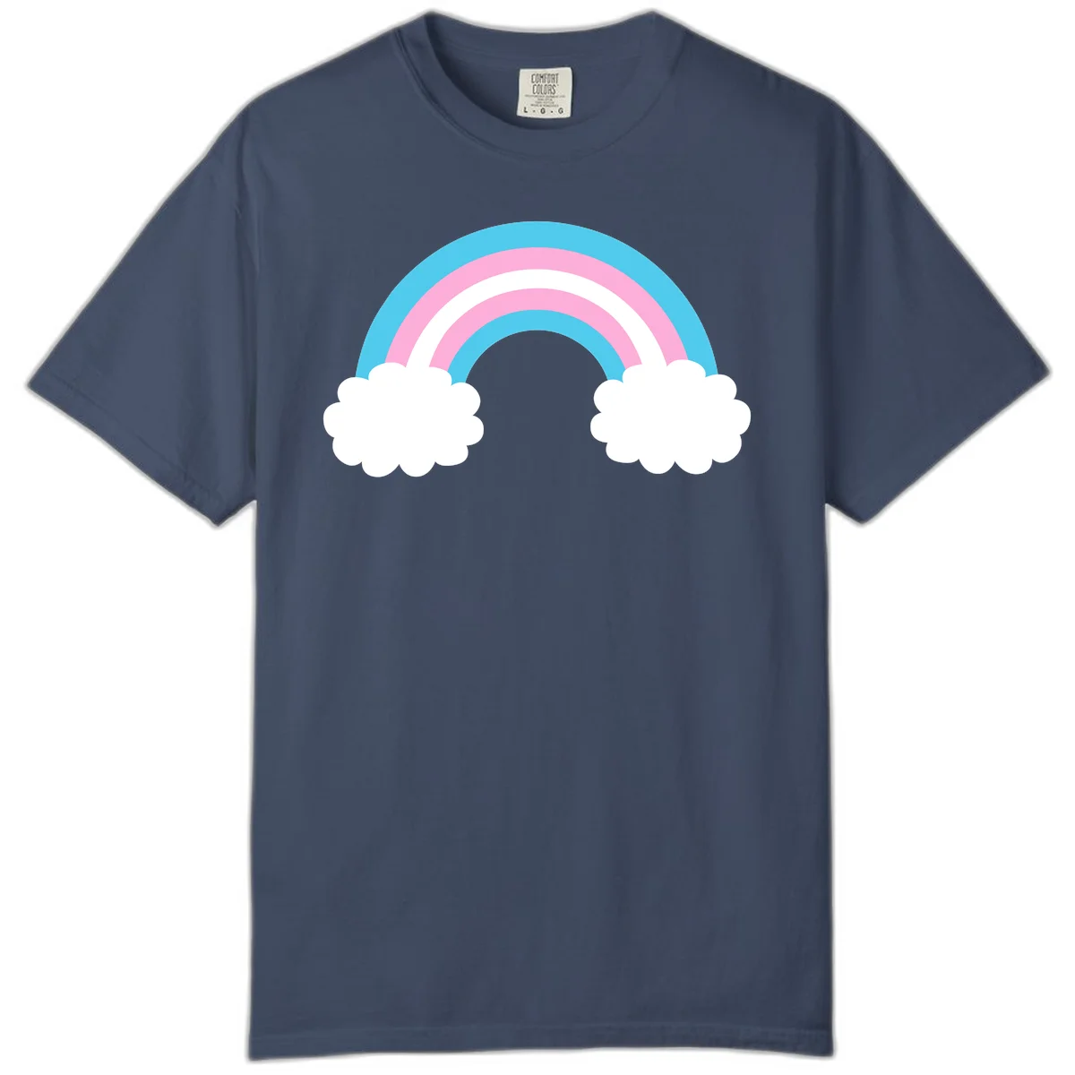 Pastel rainbow stretching between two white clouds with cyan blue and pink bands on gray background in Midnight