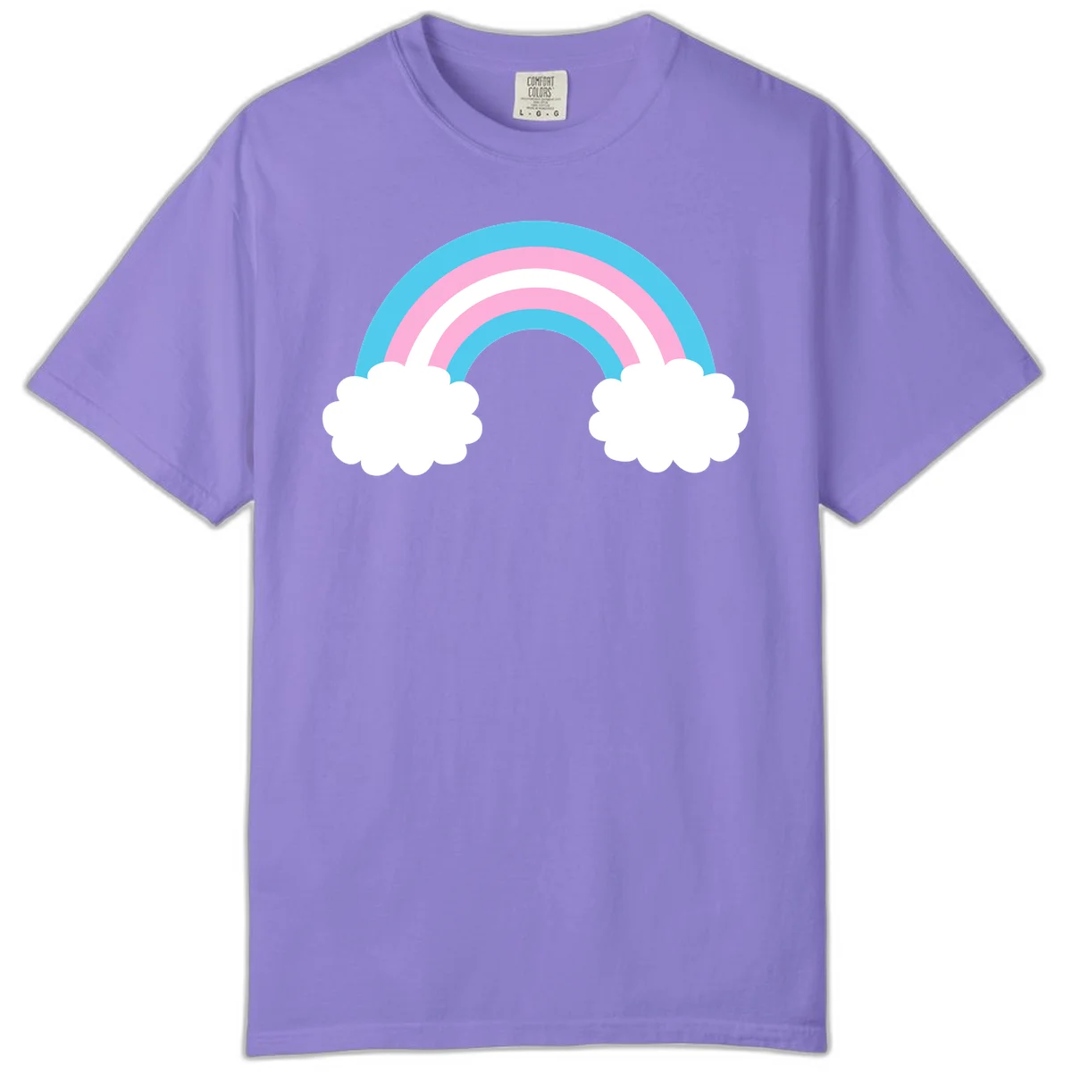 Pastel rainbow stretching between two white clouds with cyan blue and pink bands on gray background in Violet