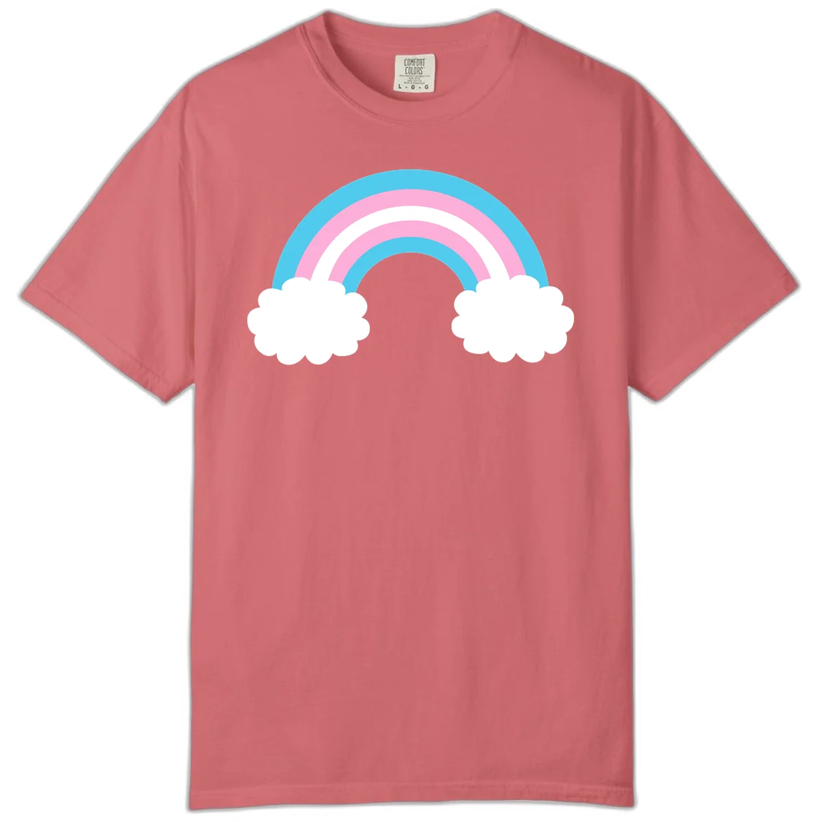 Pastel rainbow stretching between two white clouds with cyan blue and pink bands on gray background in Watermelon
