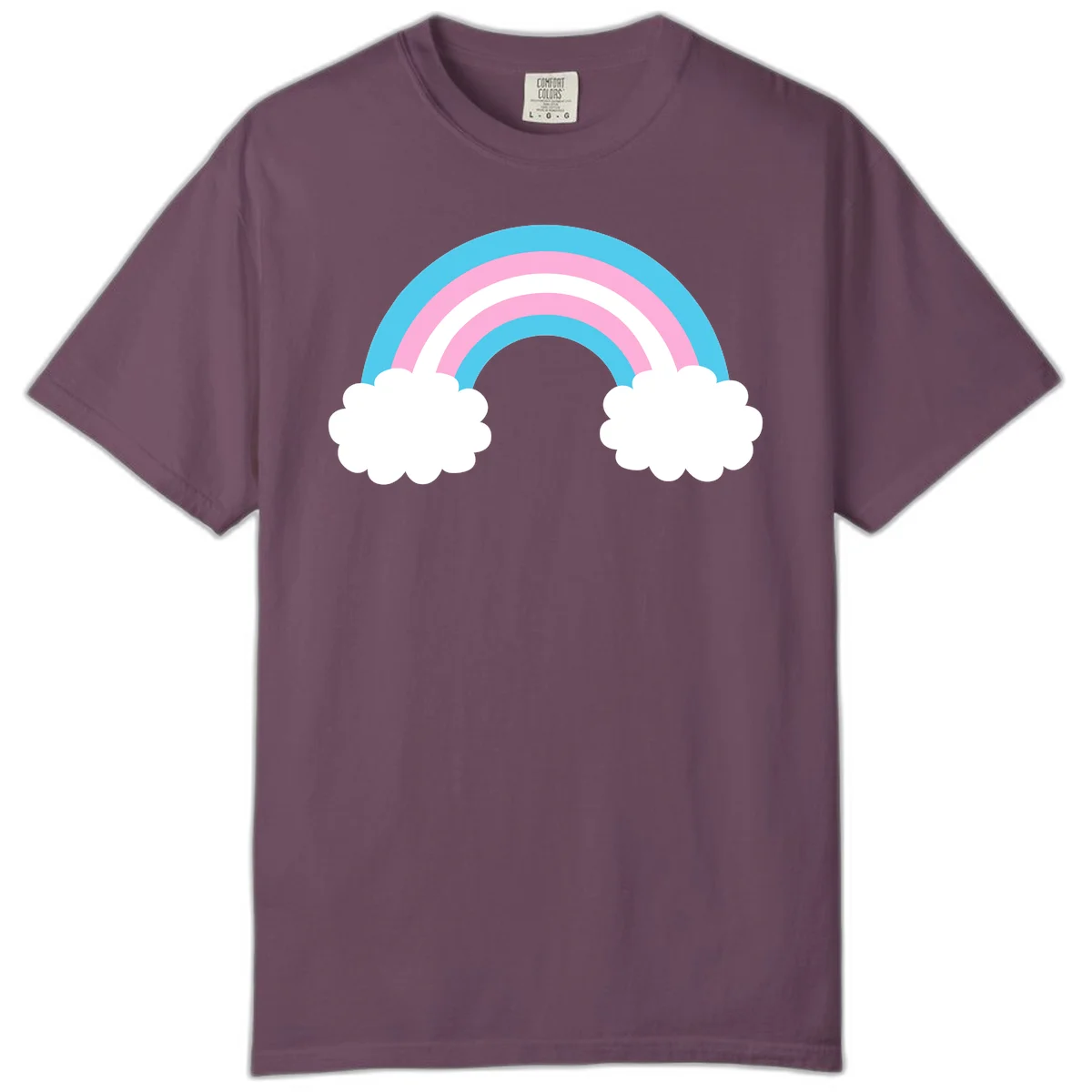 Pastel rainbow stretching between two white clouds with cyan blue and pink bands on gray background in Berry