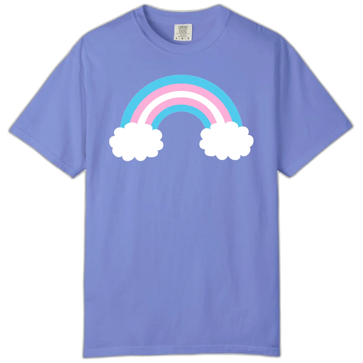 Pastel rainbow stretching between two white clouds with cyan blue and pink bands on gray background in Flo Blue
