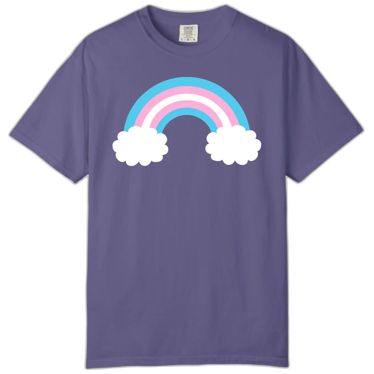 Pastel rainbow stretching between two white clouds with cyan blue and pink bands on gray background in Grape