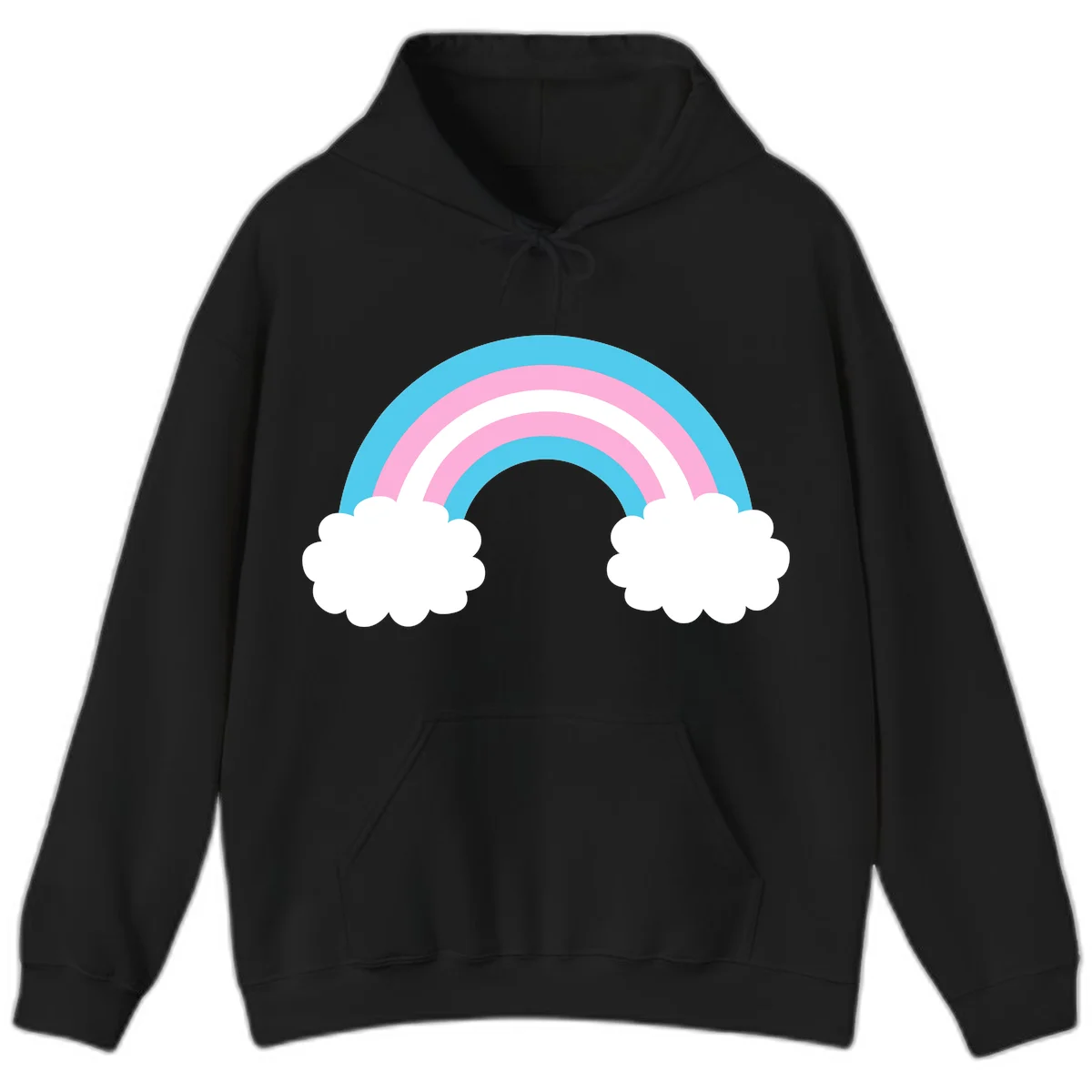 Pastel rainbow stretching between two white clouds with cyan blue and pink bands on gray background in Black