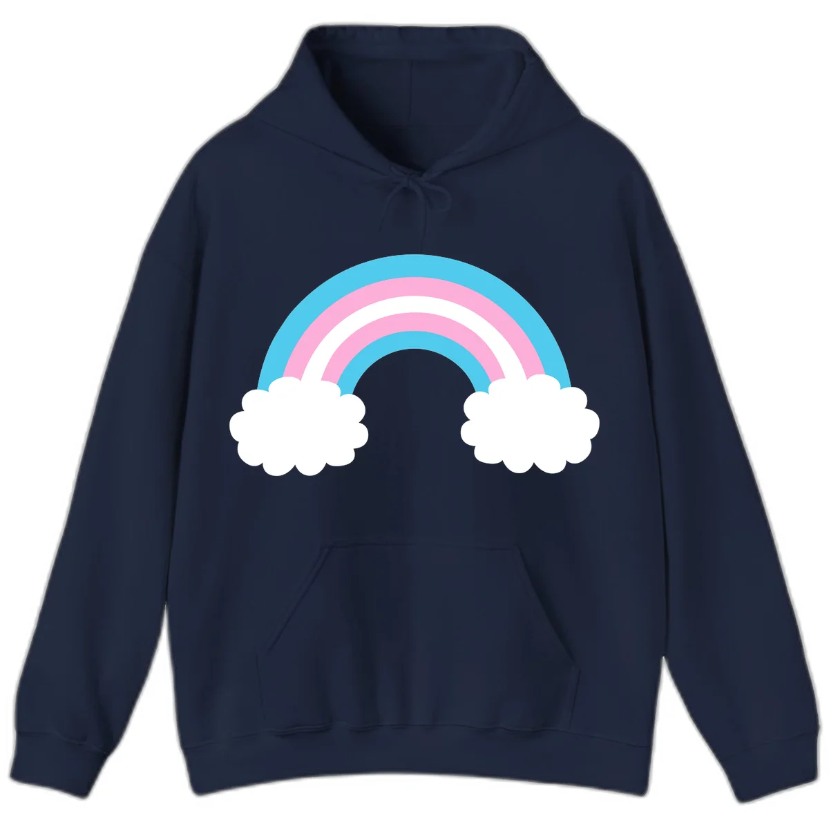 Pastel rainbow stretching between two white clouds with cyan blue and pink bands on gray background in Navy