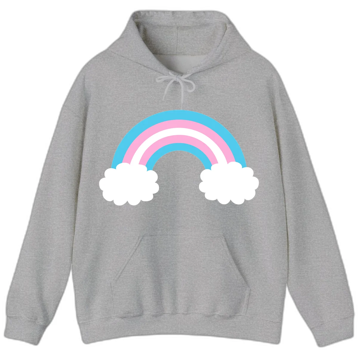 Pastel rainbow stretching between two white clouds with cyan blue and pink bands on gray background in Sport Grey