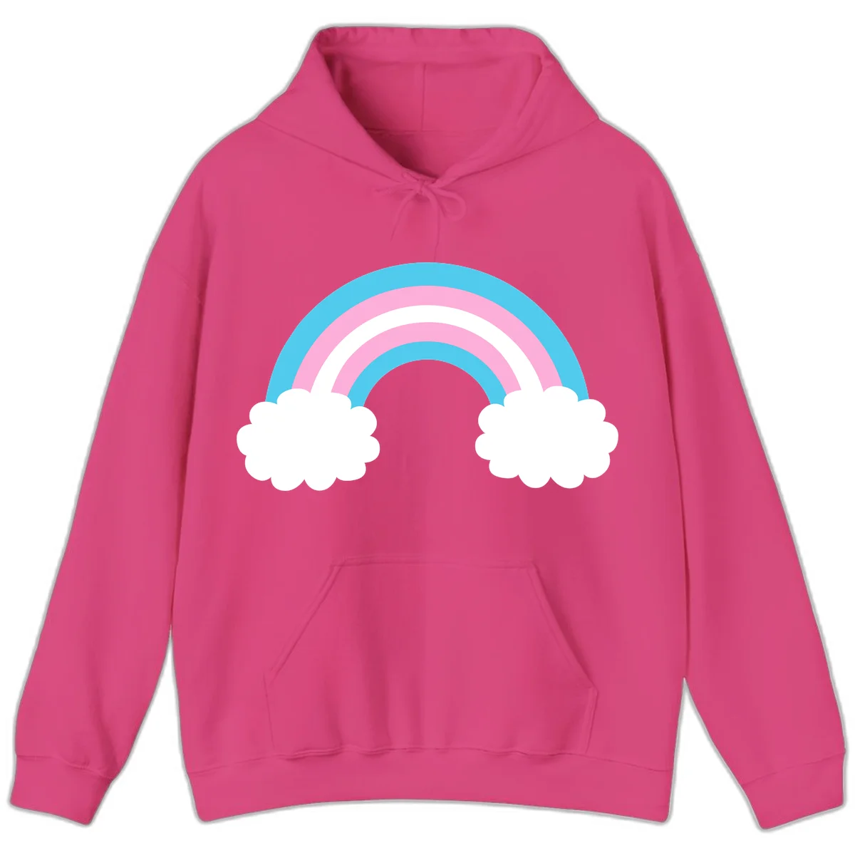 Pastel rainbow stretching between two white clouds with cyan blue and pink bands on gray background in Heliconia