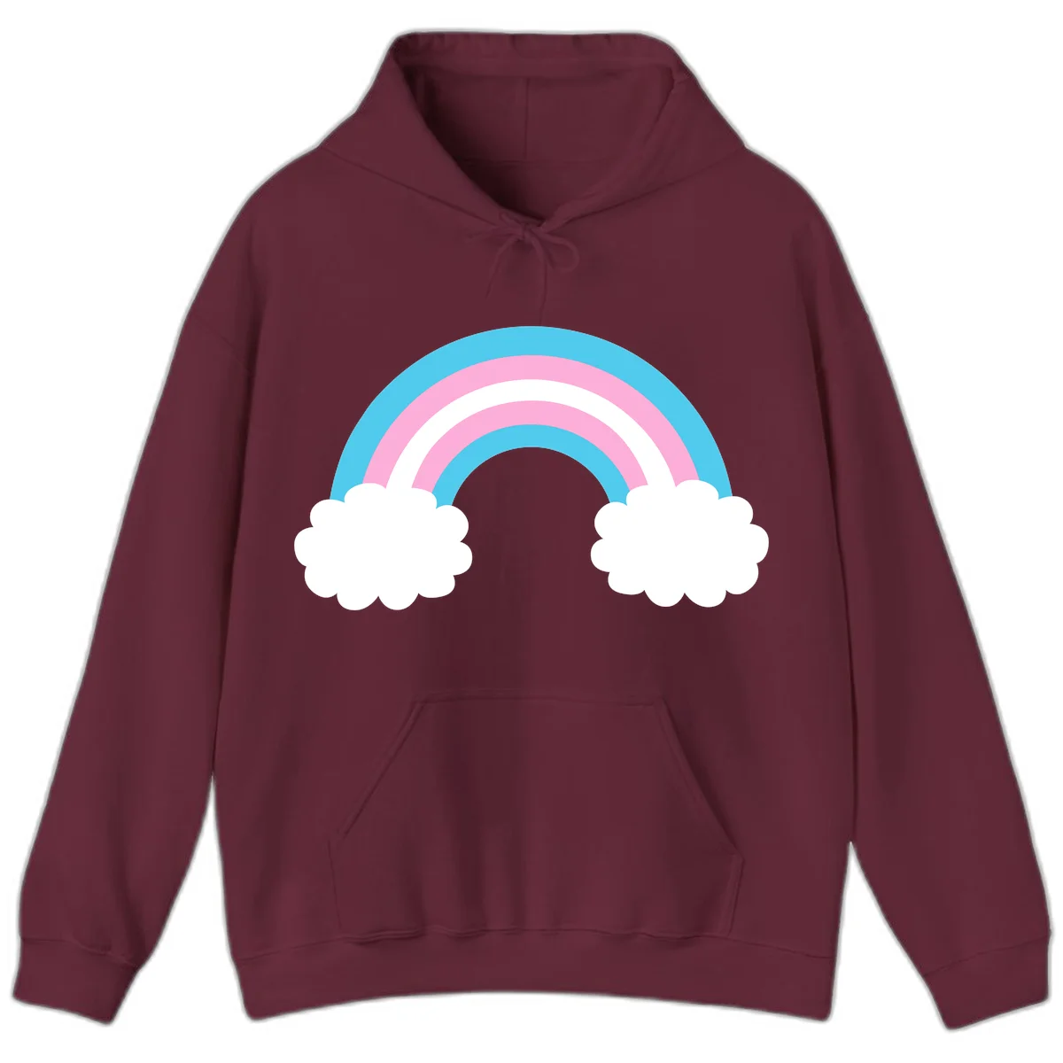 Pastel rainbow stretching between two white clouds with cyan blue and pink bands on gray background in Maroon