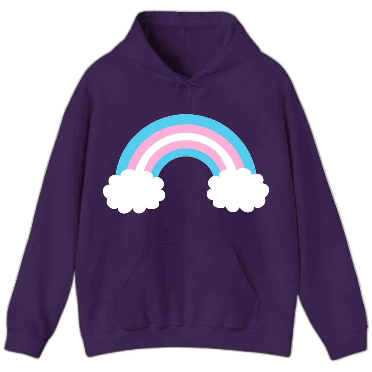 Pastel rainbow stretching between two white clouds with cyan blue and pink bands on gray background in Purple