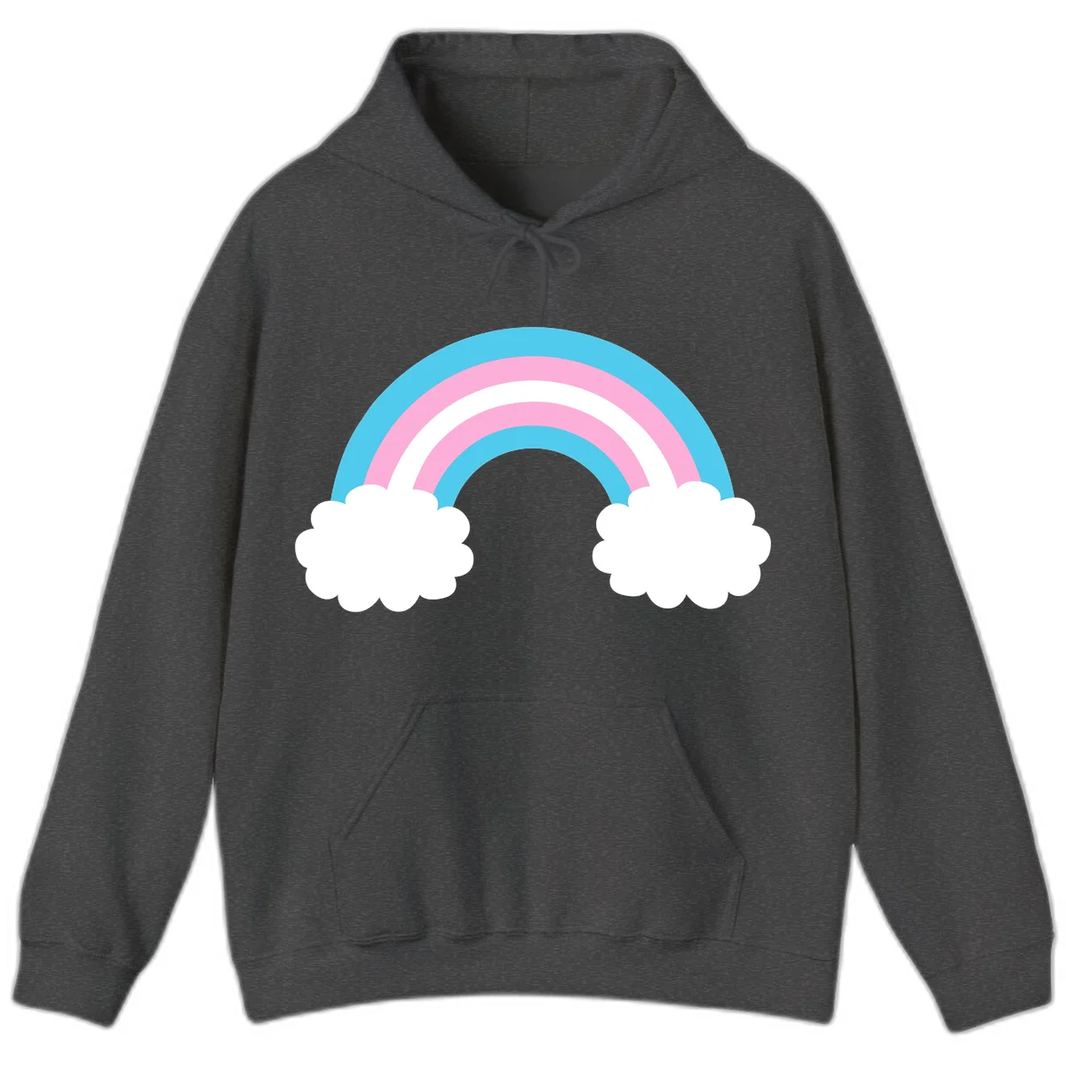 Pastel rainbow stretching between two white clouds with cyan blue and pink bands on gray background in Dark Heather