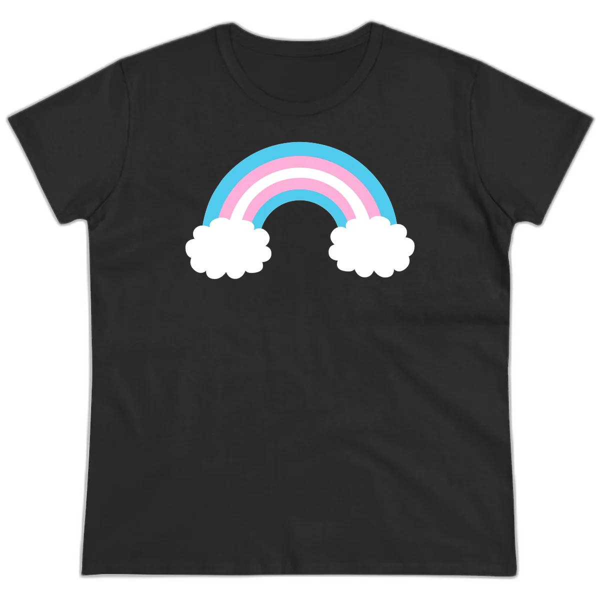 Pastel rainbow stretching between two white clouds with cyan blue and pink bands on gray background in Black