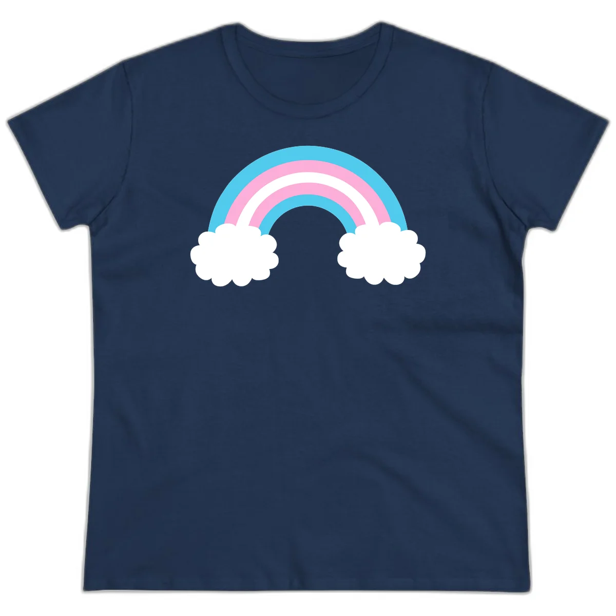 Pastel rainbow stretching between two white clouds with cyan blue and pink bands on gray background in Navy