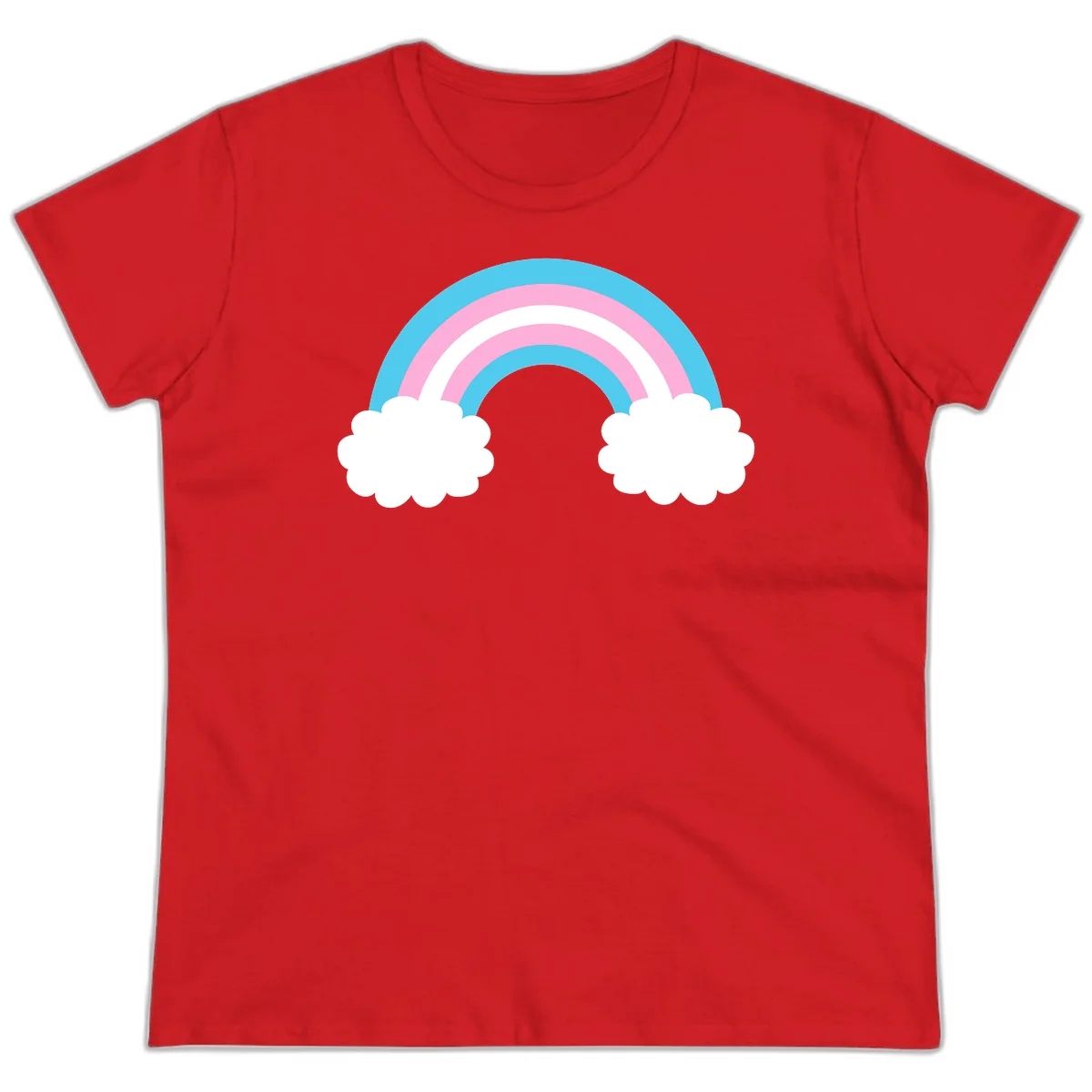 Pastel rainbow stretching between two white clouds with cyan blue and pink bands on gray background in Red