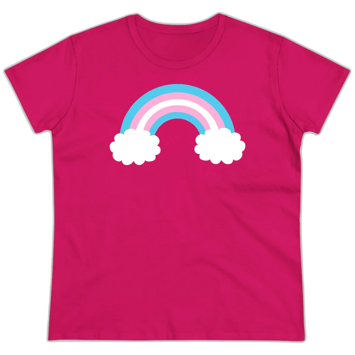 Pastel rainbow stretching between two white clouds with cyan blue and pink bands on gray background in Heliconia