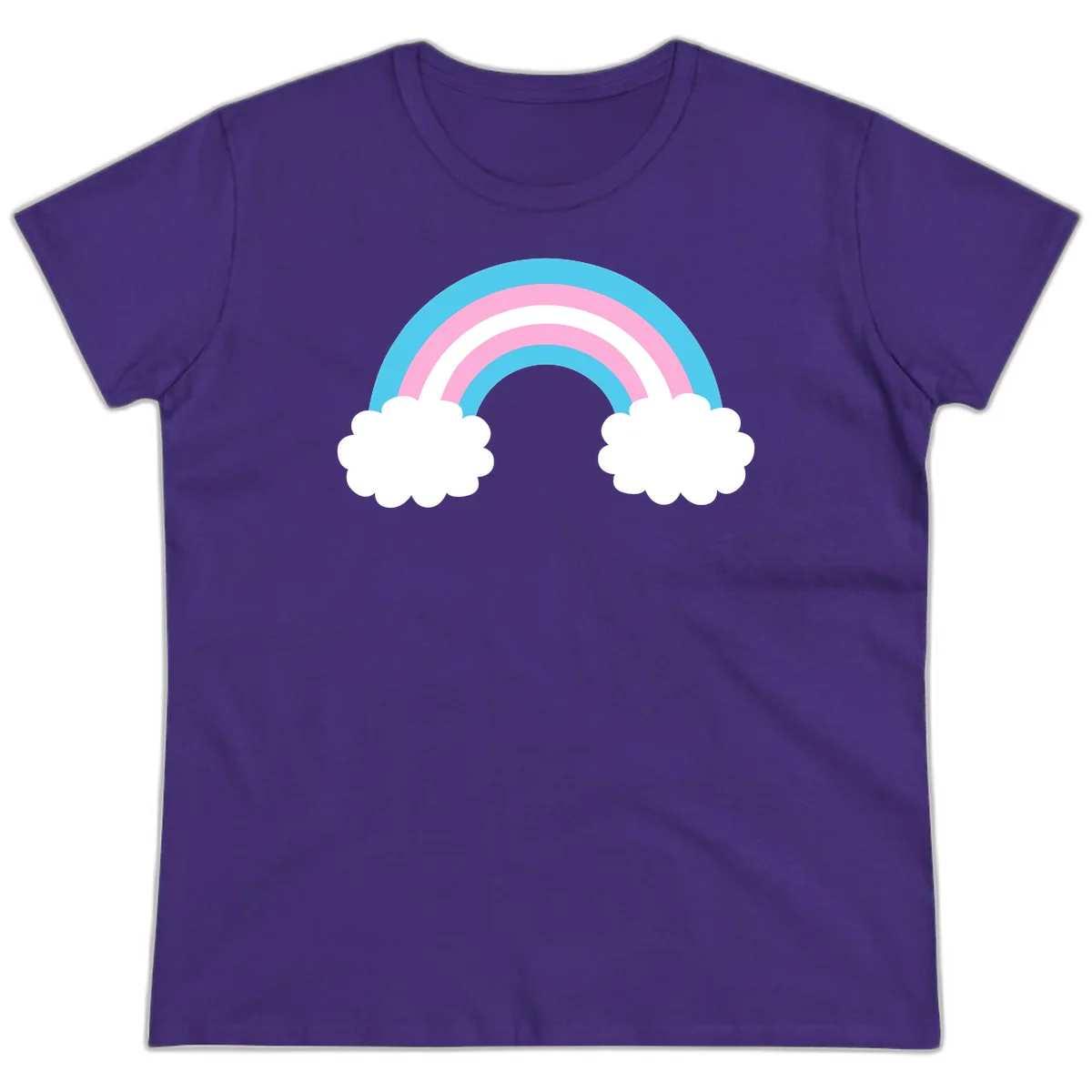 Pastel rainbow stretching between two white clouds with cyan blue and pink bands on gray background in Purple