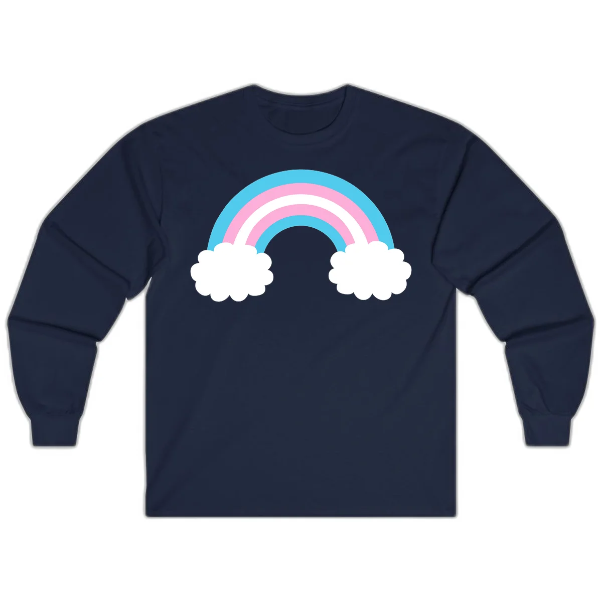 Pastel rainbow stretching between two white clouds with cyan blue and pink bands on gray background in Navy