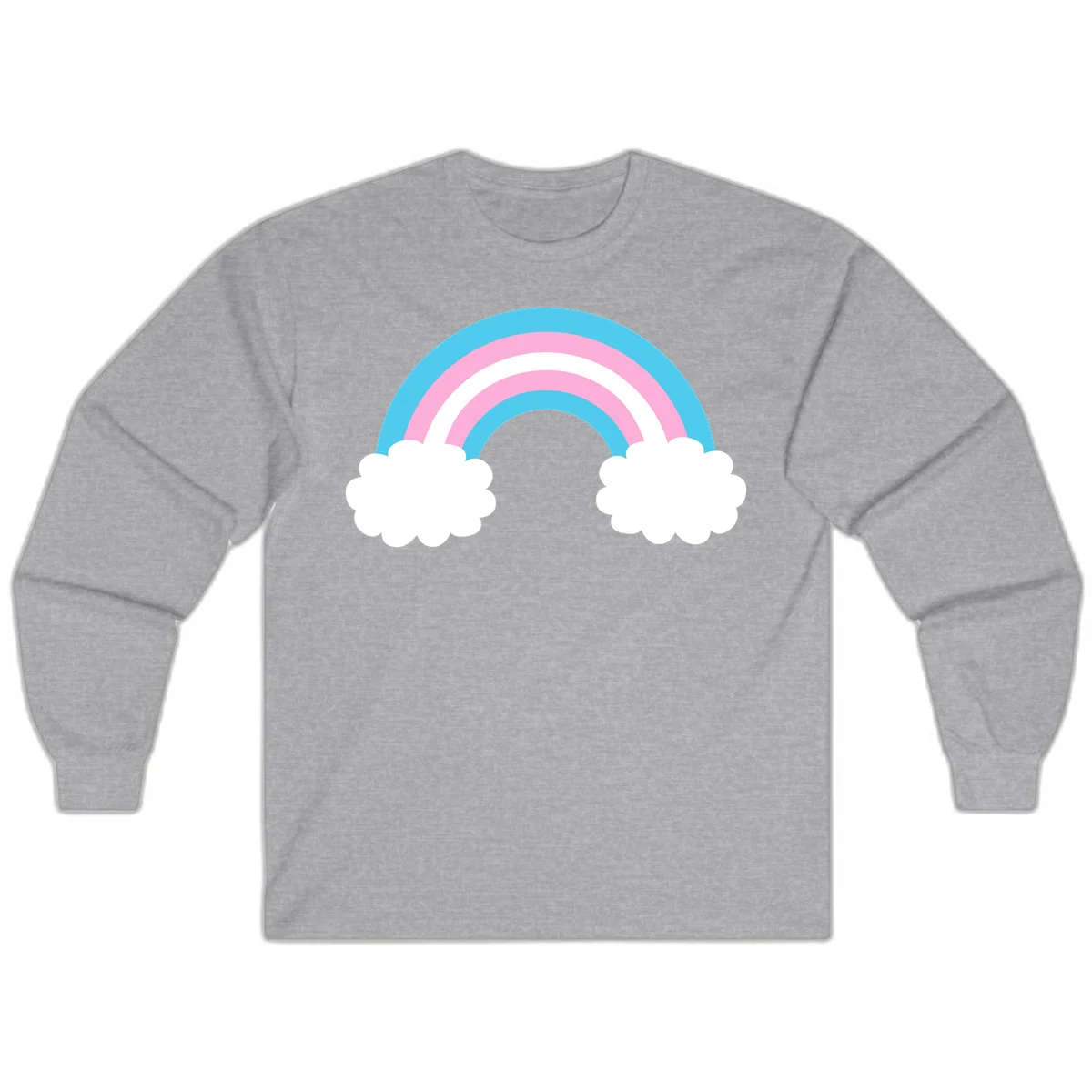 Pastel rainbow stretching between two white clouds with cyan blue and pink bands on gray background in Sport Grey