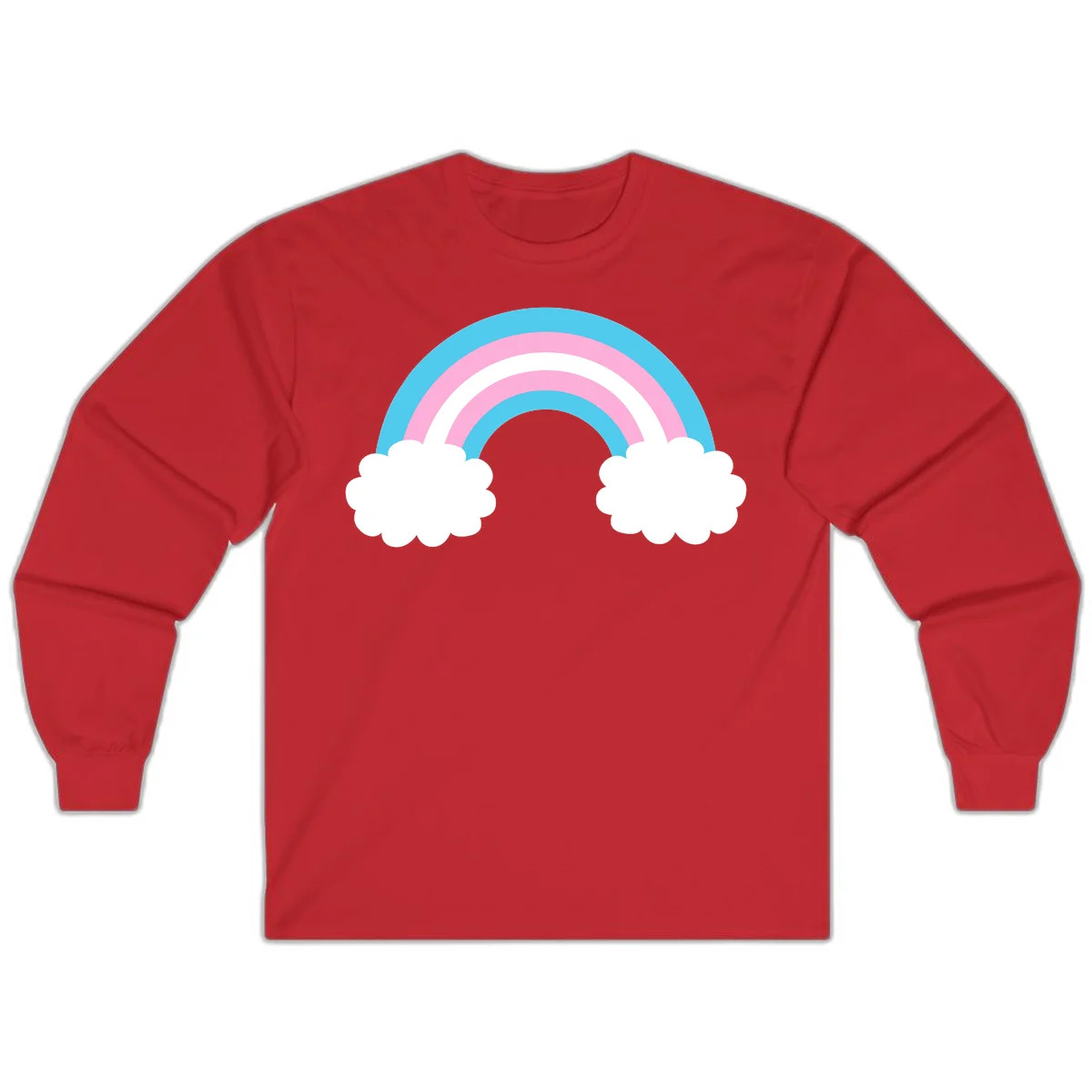 Pastel rainbow stretching between two white clouds with cyan blue and pink bands on gray background in Red