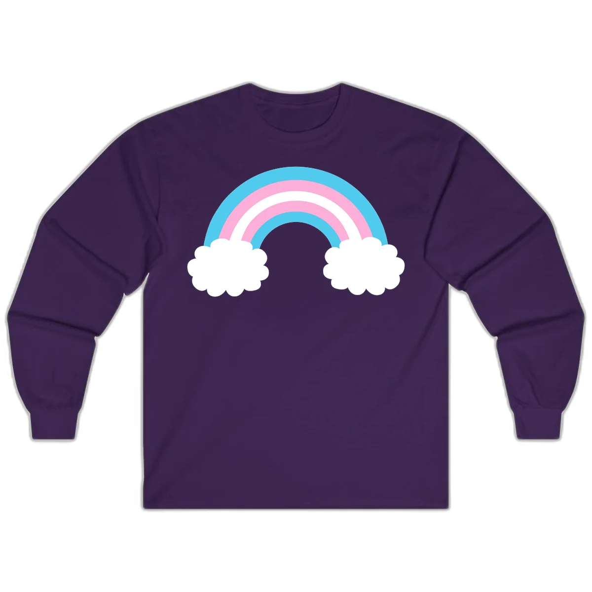 Pastel rainbow stretching between two white clouds with cyan blue and pink bands on gray background in Purple