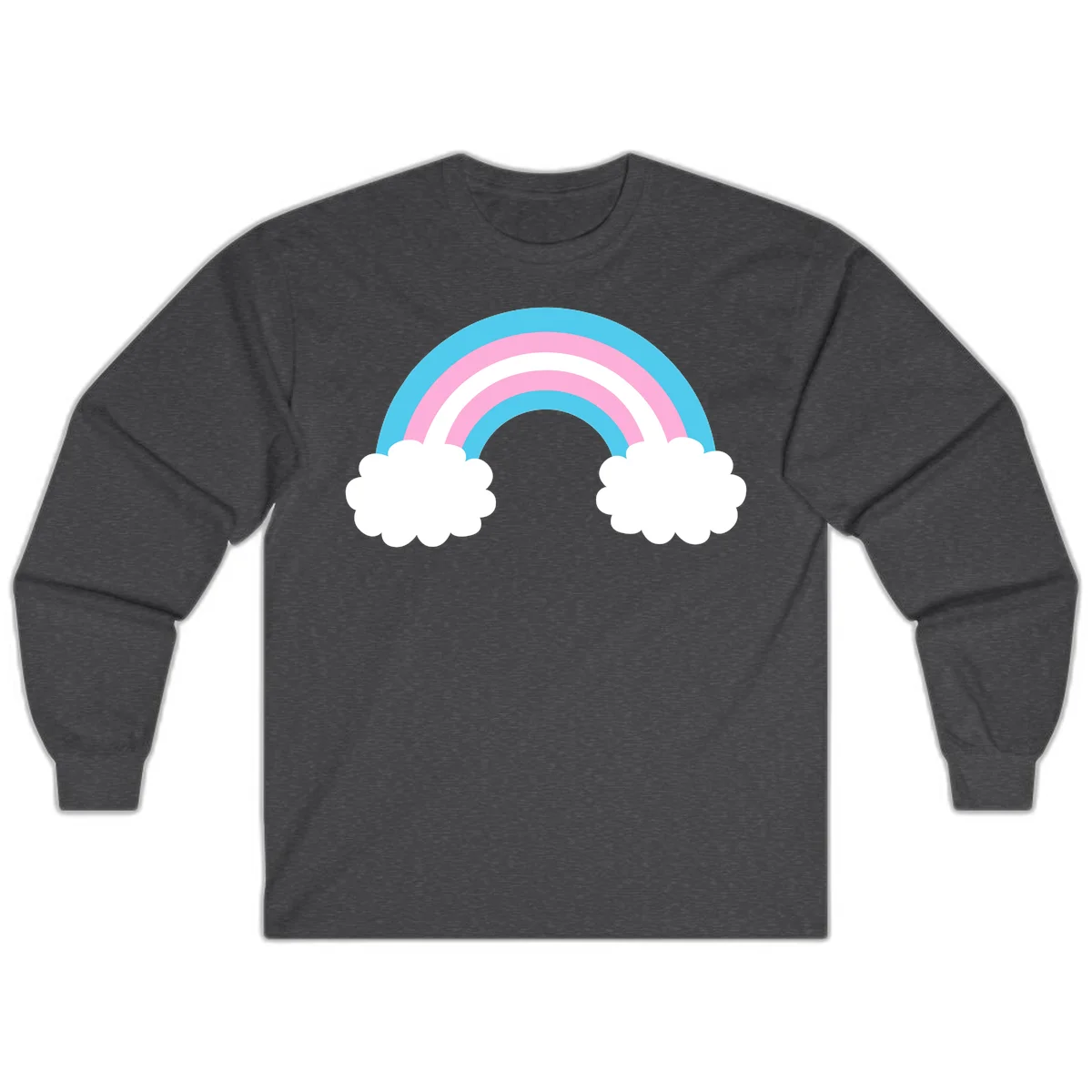 Pastel rainbow stretching between two white clouds with cyan blue and pink bands on gray background in Dark Heather