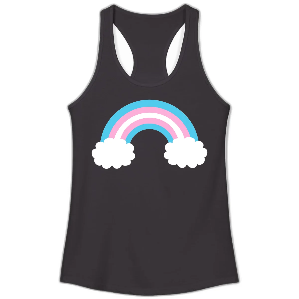 Pastel rainbow stretching between two white clouds with cyan blue and pink bands on gray background in Black