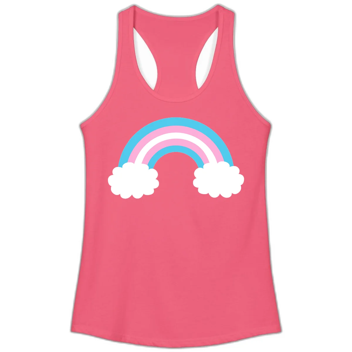 Pastel rainbow stretching between two white clouds with cyan blue and pink bands on gray background in Hot Pink