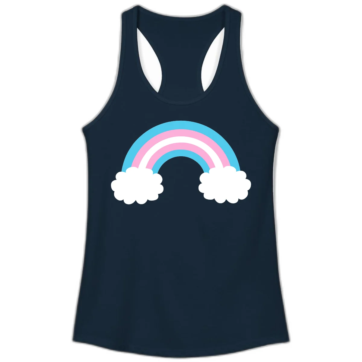 Pastel rainbow stretching between two white clouds with cyan blue and pink bands on gray background in Solid Midnight Navy