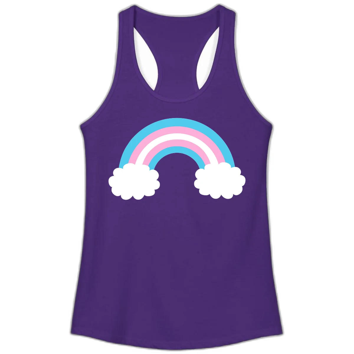 Pastel rainbow stretching between two white clouds with cyan blue and pink bands on gray background in Solid Purple Rush