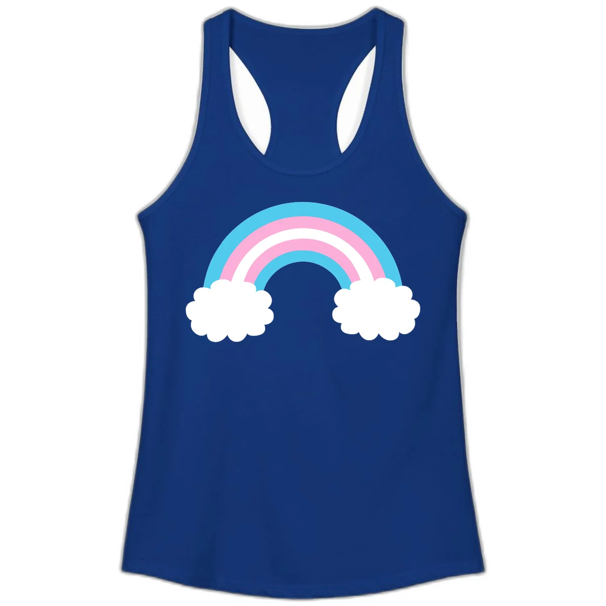 Pastel rainbow stretching between two white clouds with cyan blue and pink bands on gray background in Solid Royal