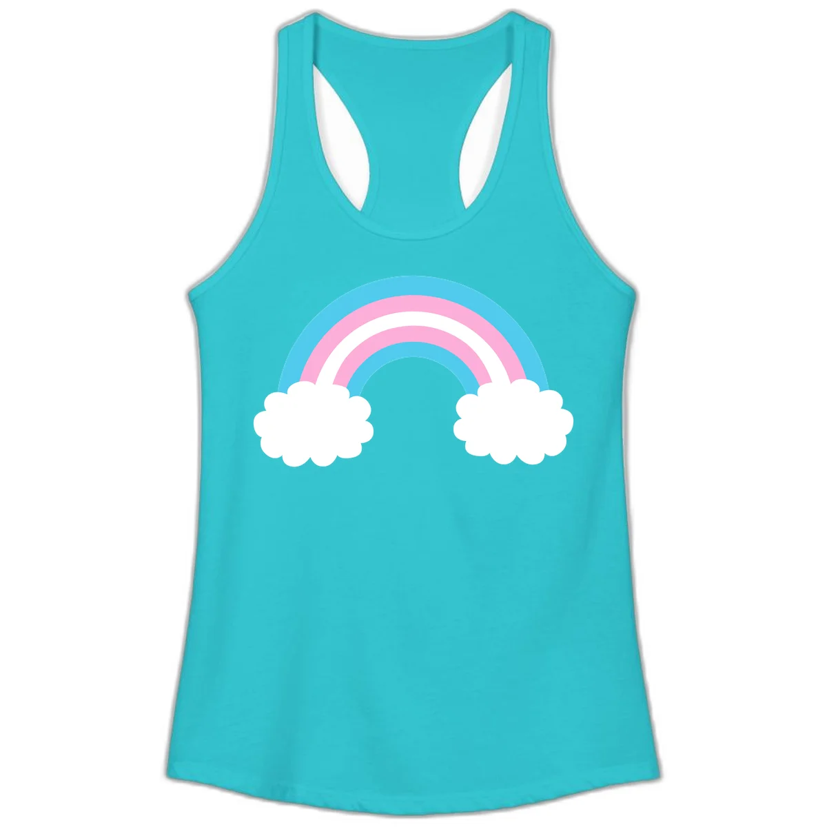 Pastel rainbow stretching between two white clouds with cyan blue and pink bands on gray background in Solid Tahiti Blue