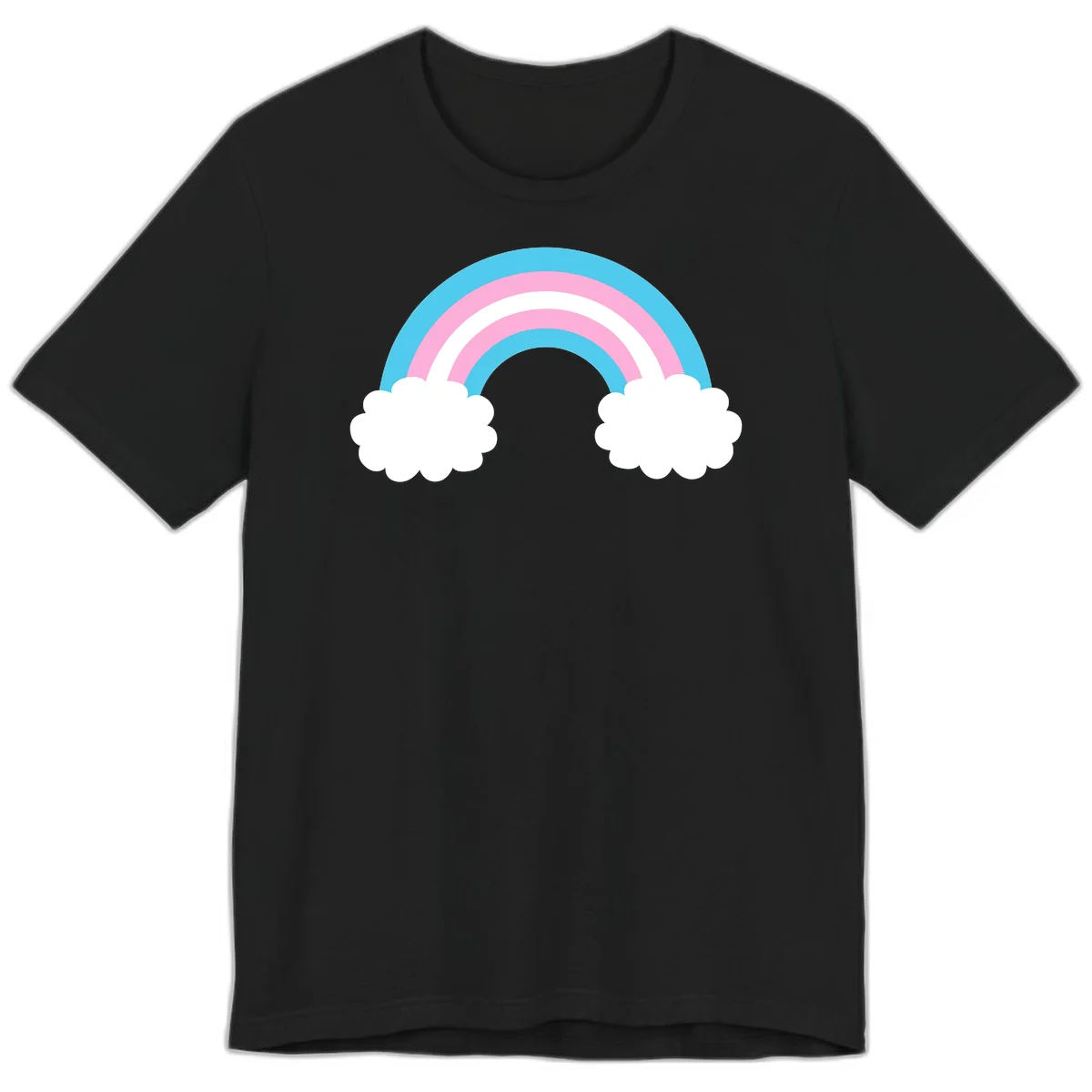 Pastel rainbow stretching between two white clouds with cyan blue and pink bands on gray background in Black