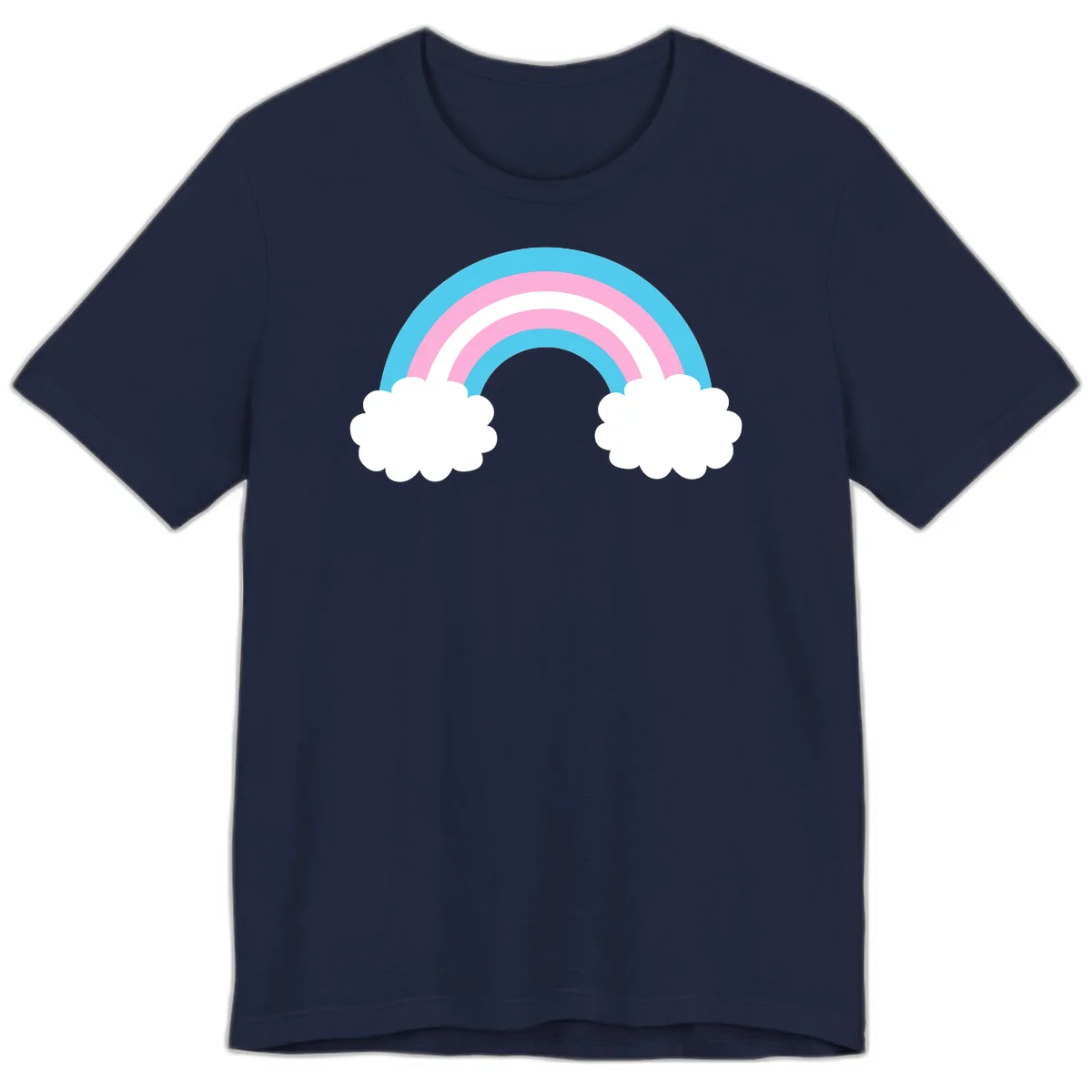 Pastel rainbow stretching between two white clouds with cyan blue and pink bands on gray background in Navy