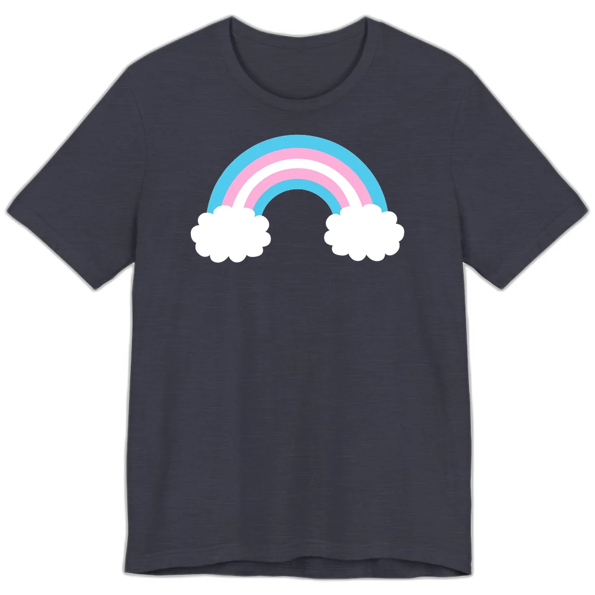 Pastel rainbow stretching between two white clouds with cyan blue and pink bands on gray background in Heather Midnight Navy
