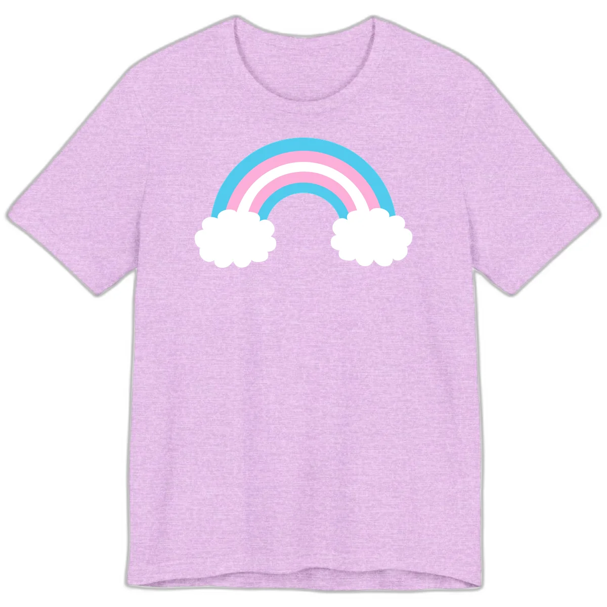 Pastel rainbow stretching between two white clouds with cyan blue and pink bands on gray background in Heather Prism Lilac