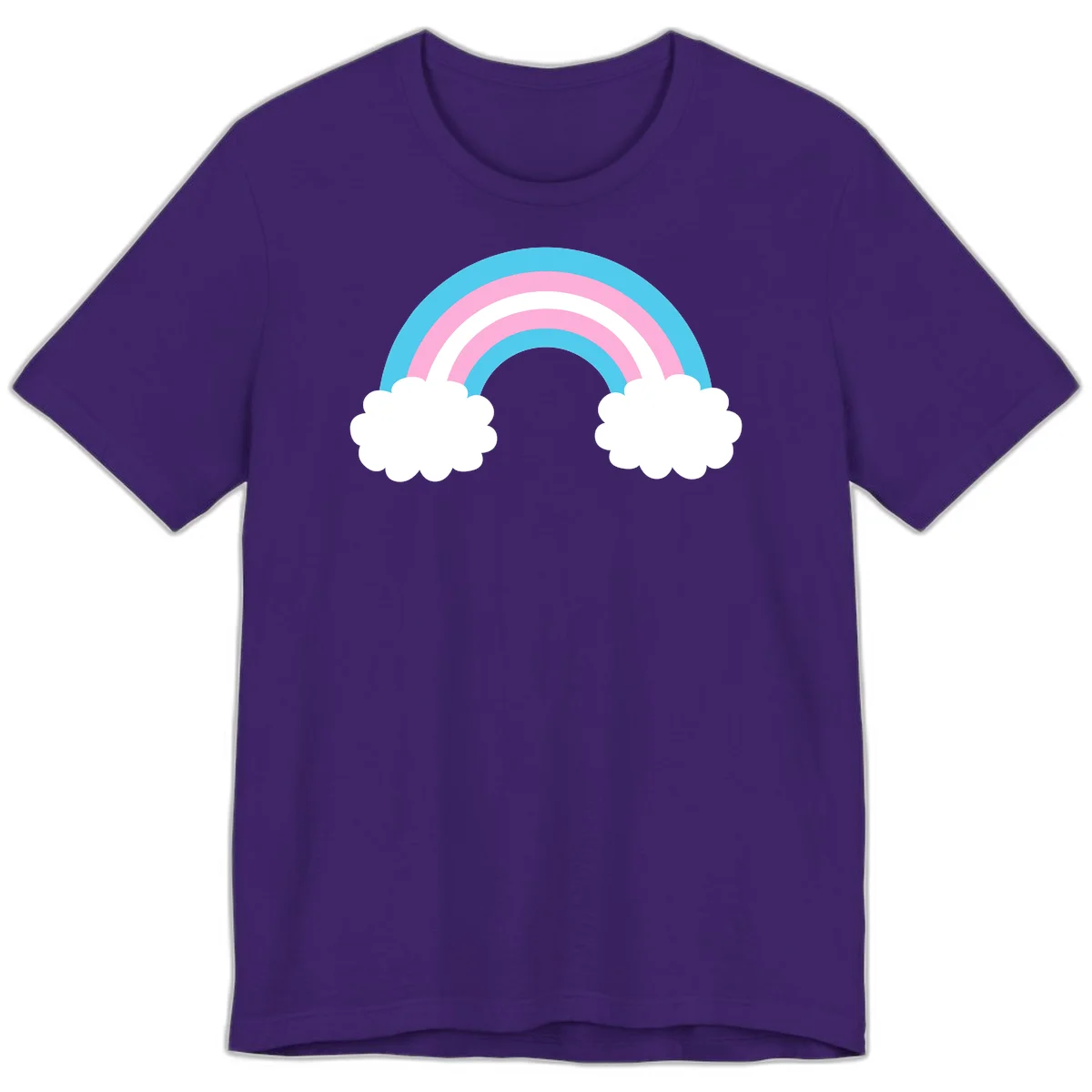 Pastel rainbow stretching between two white clouds with cyan blue and pink bands on gray background in Team Purple