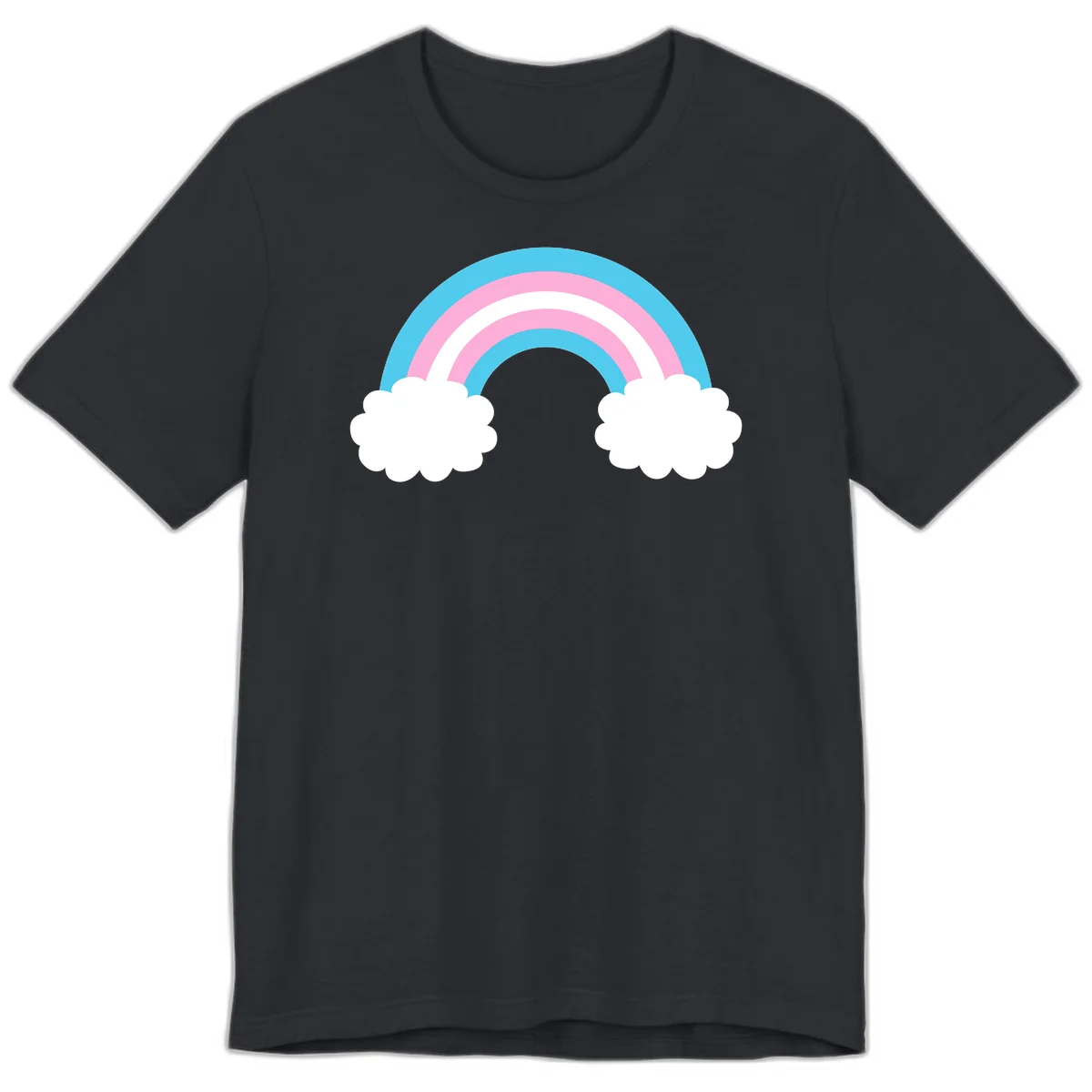 Pastel rainbow stretching between two white clouds with cyan blue and pink bands on gray background in Vintage Black