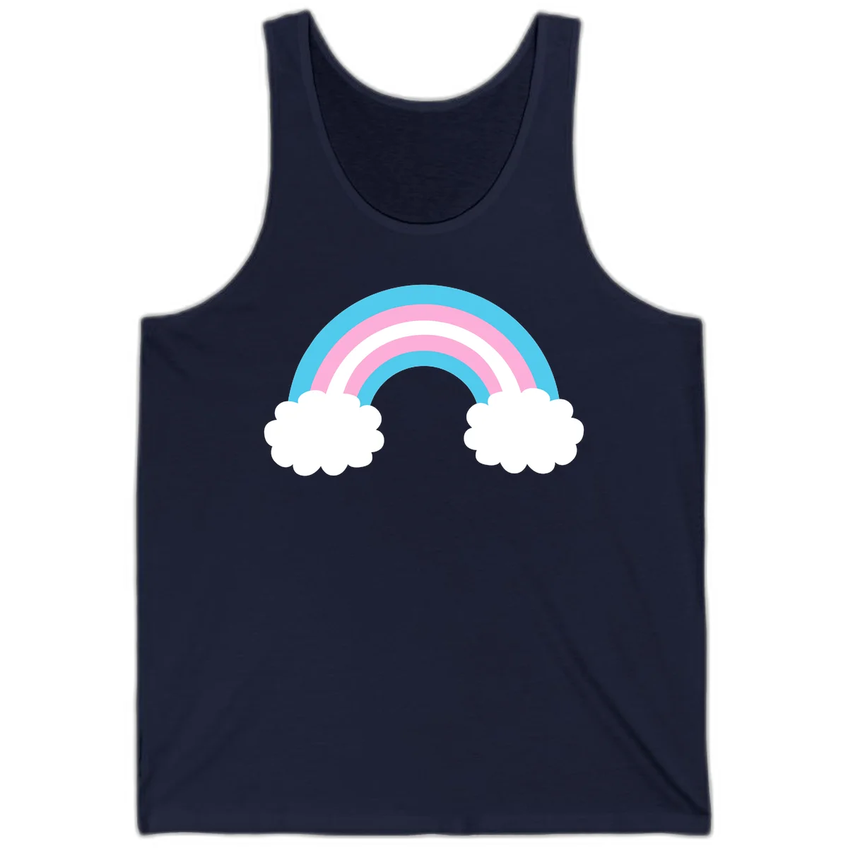 Pastel rainbow stretching between two white clouds with cyan blue and pink bands on gray background in Navy
