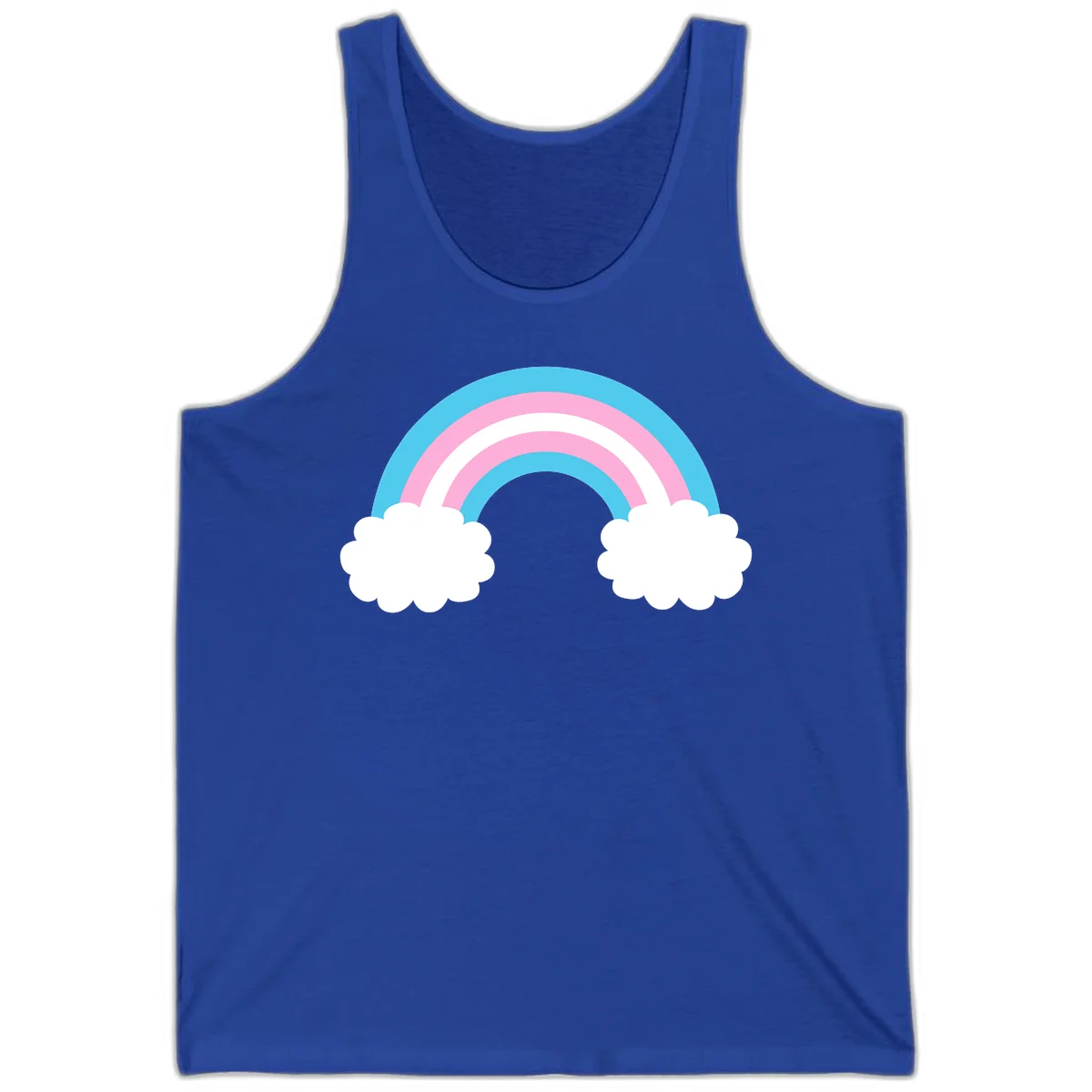 Pastel rainbow stretching between two white clouds with cyan blue and pink bands on gray background in True Royal