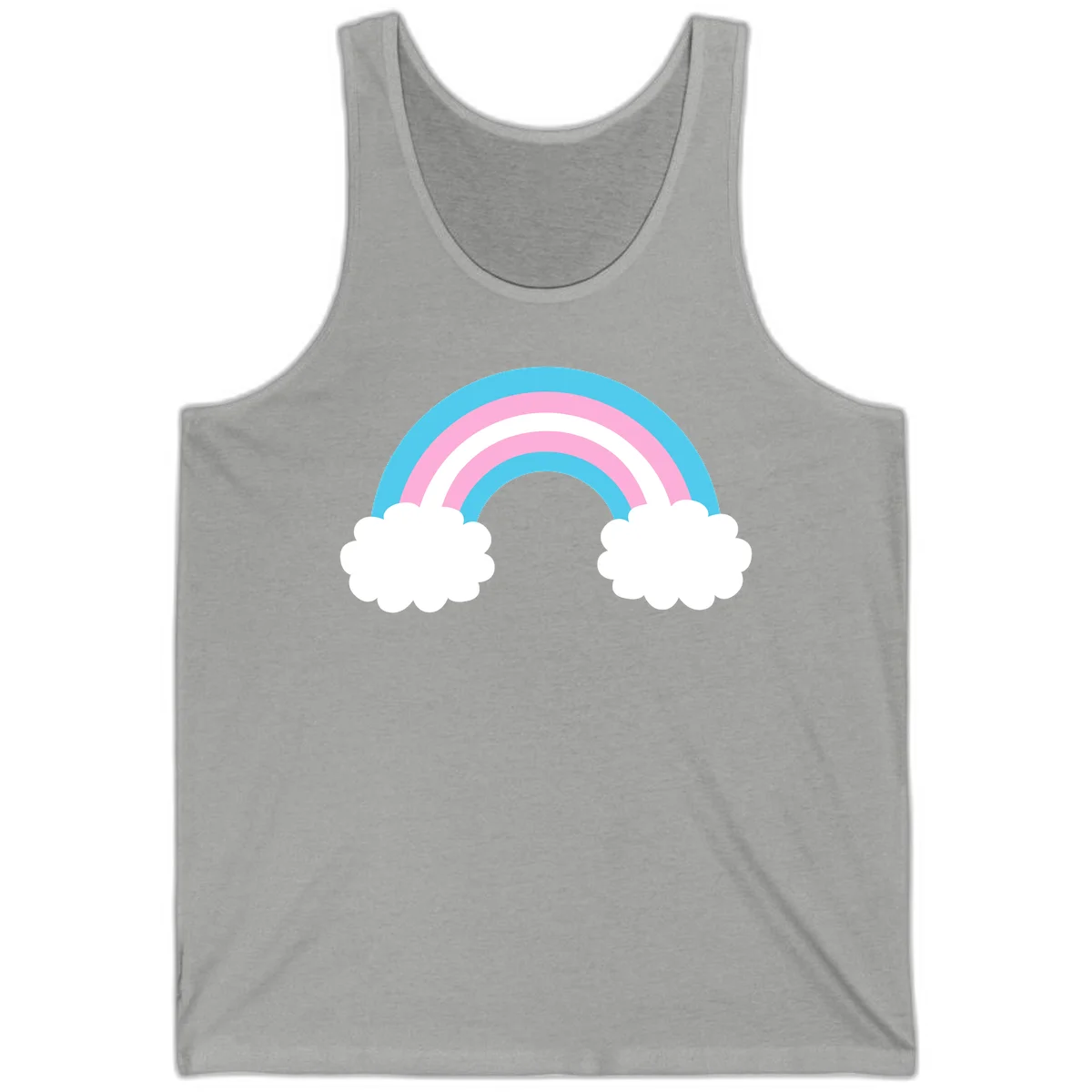 Pastel rainbow stretching between two white clouds with cyan blue and pink bands on gray background in Athletic Heather