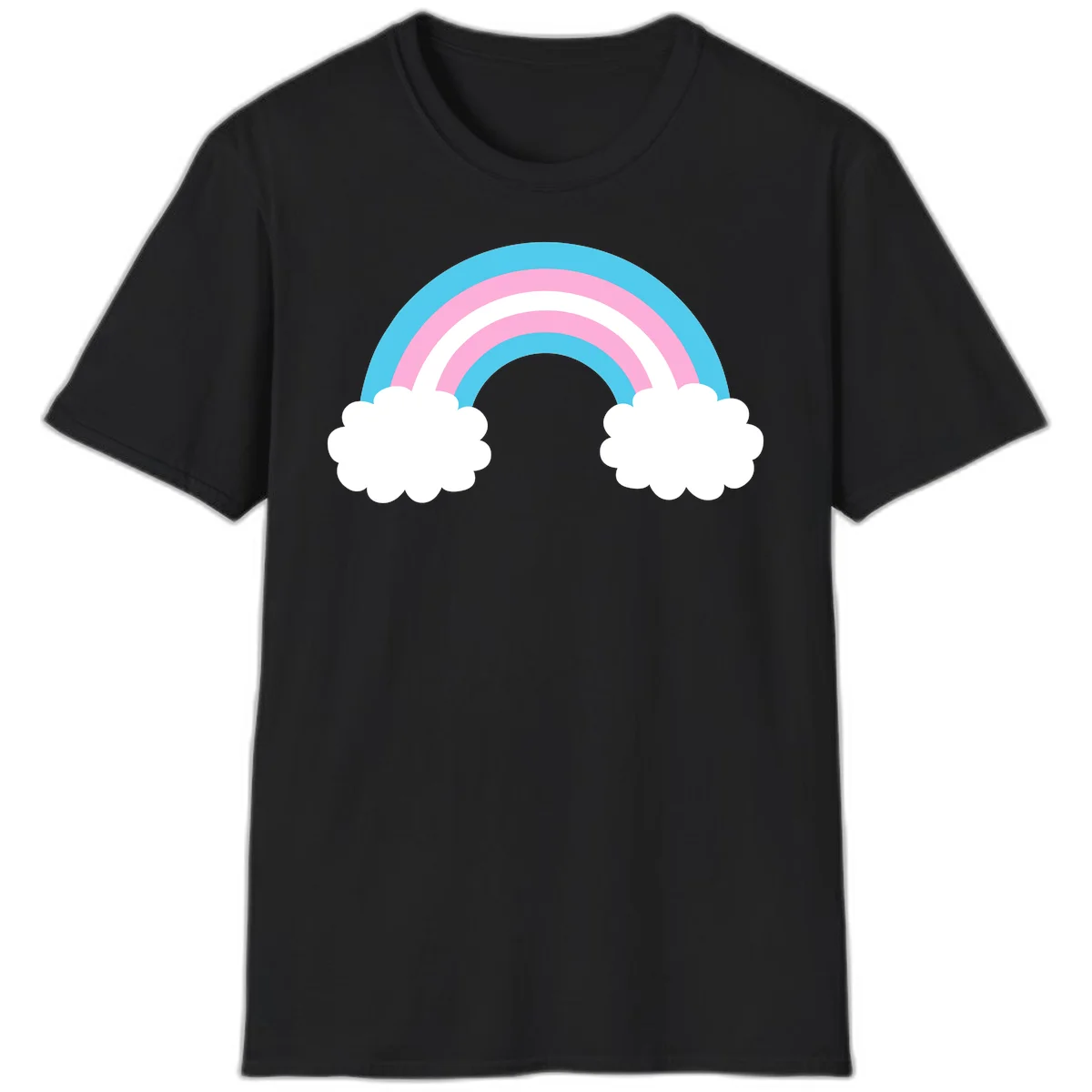 Pastel rainbow stretching between two white clouds with cyan blue and pink bands on gray background in Black