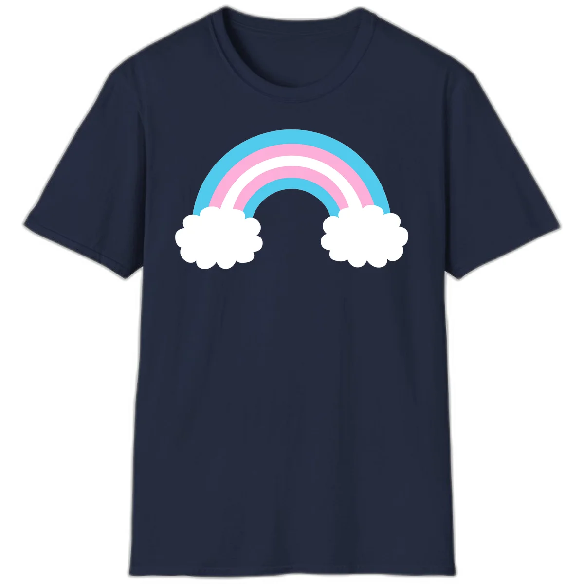 Pastel rainbow stretching between two white clouds with cyan blue and pink bands on gray background in Navy