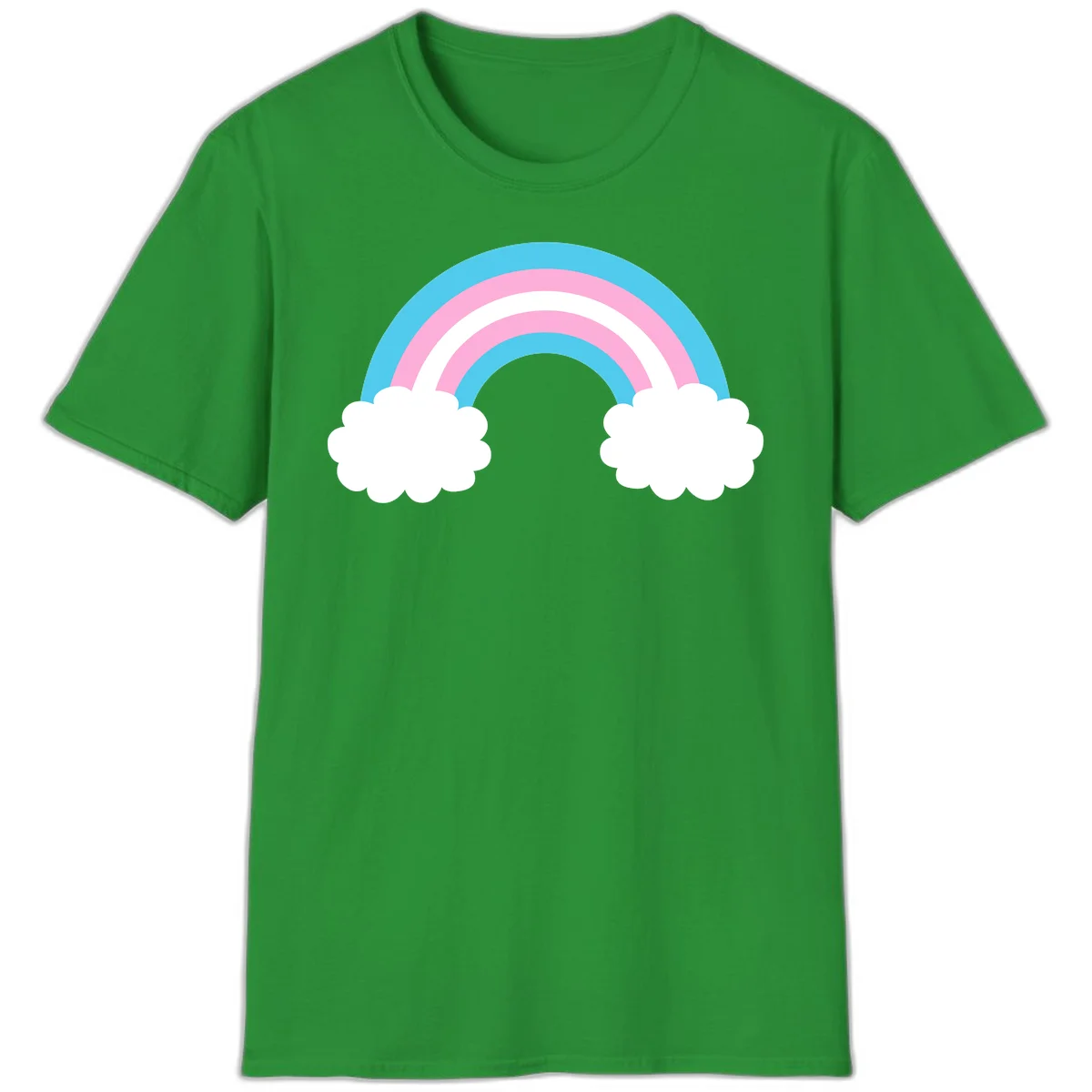 Pastel rainbow stretching between two white clouds with cyan blue and pink bands on gray background in Irish Green