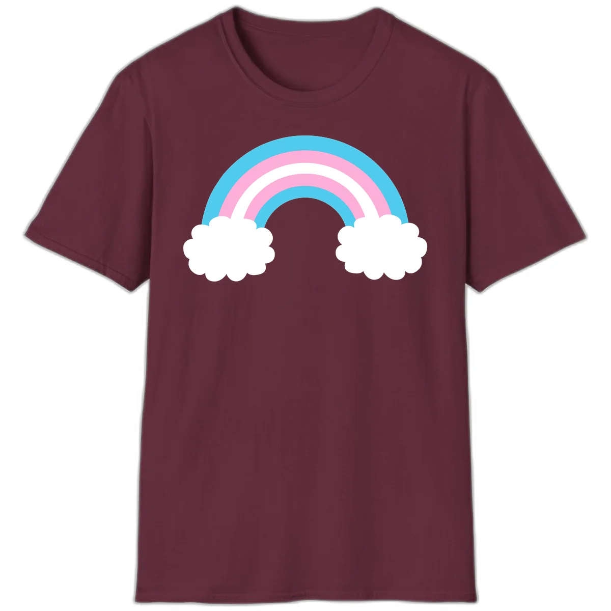 Pastel rainbow stretching between two white clouds with cyan blue and pink bands on gray background in Maroon