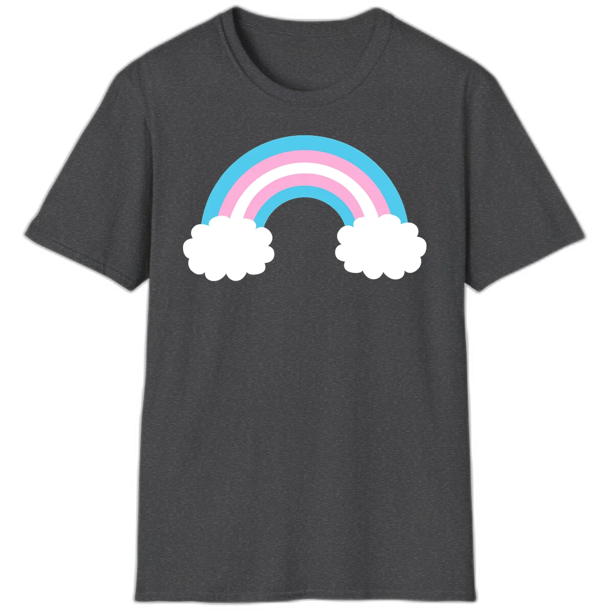 Pastel rainbow stretching between two white clouds with cyan blue and pink bands on gray background in Dark Heather