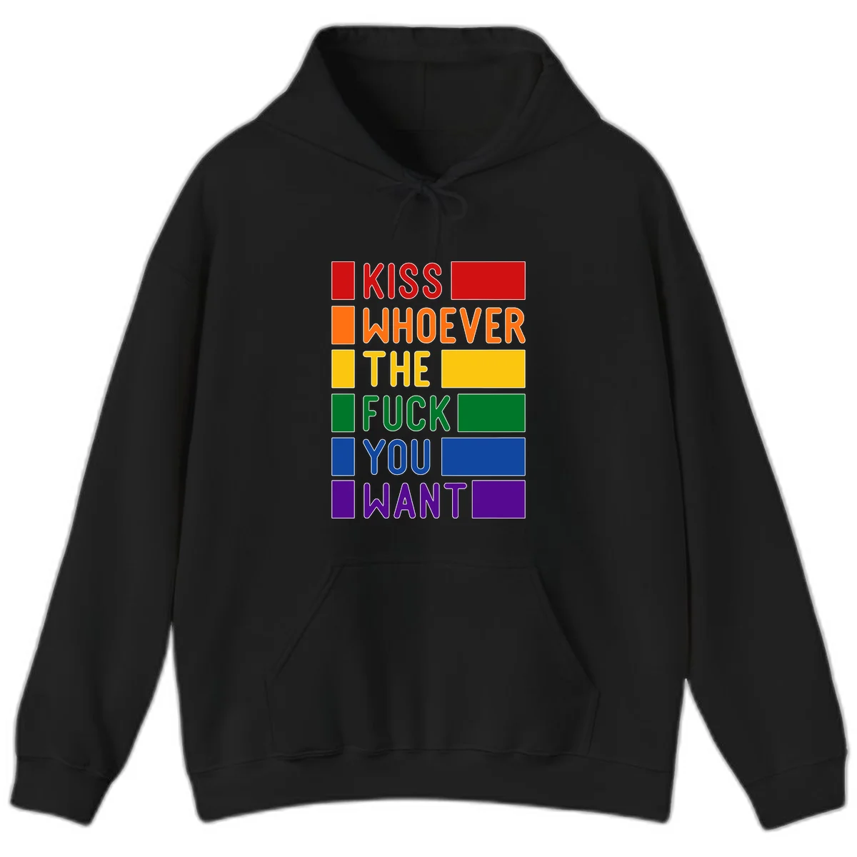 Colorful rainbow typography design reading 'Kiss Whoever The Fuck You Want' with each word in different pride colors on gray background in Black