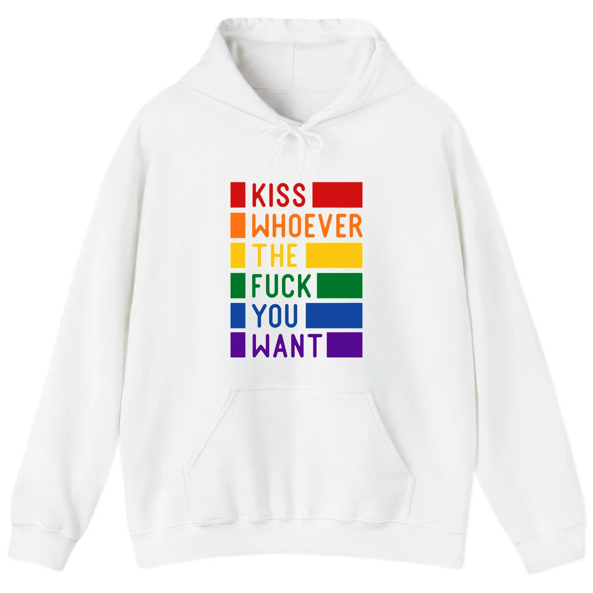 Colorful rainbow typography design reading 'Kiss Whoever The Fuck You Want' with each word in different pride colors on gray background in White