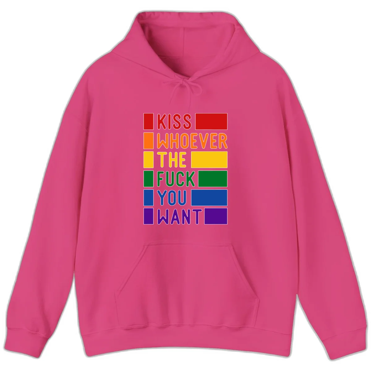 Colorful rainbow typography design reading 'Kiss Whoever The Fuck You Want' with each word in different pride colors on gray background in Heliconia