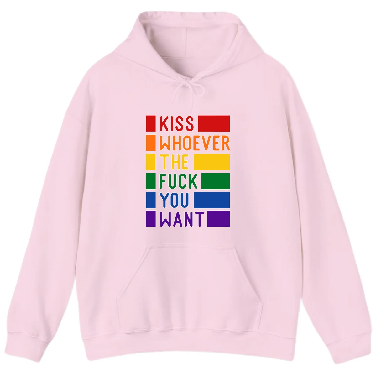 Colorful rainbow typography design reading 'Kiss Whoever The Fuck You Want' with each word in different pride colors on gray background in Light Pink