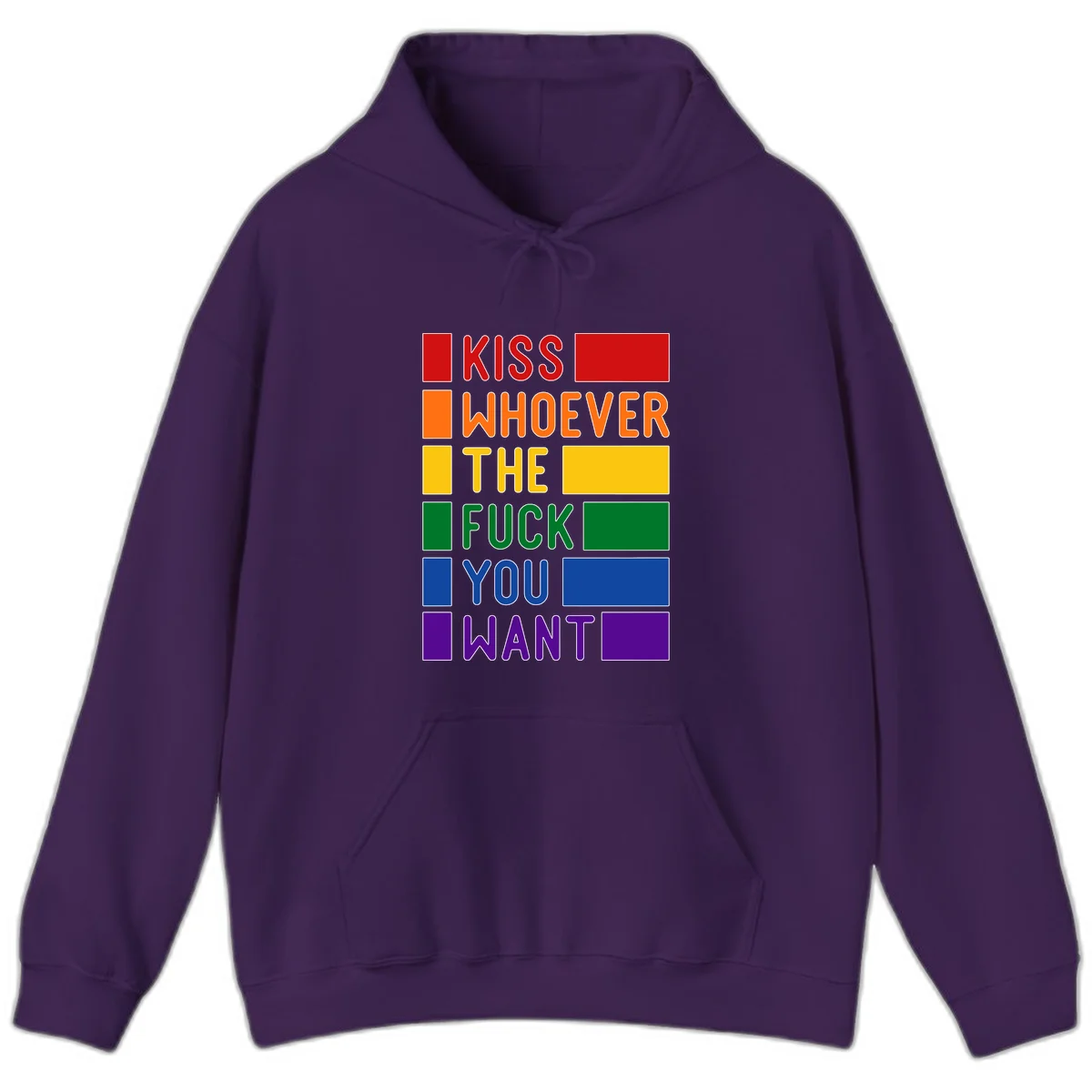 Colorful rainbow typography design reading 'Kiss Whoever The Fuck You Want' with each word in different pride colors on gray background in Purple