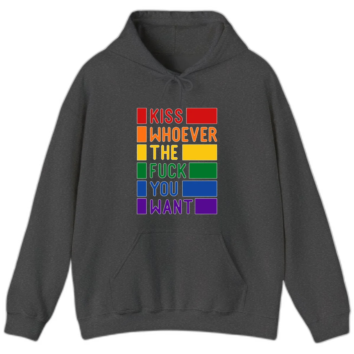 Colorful rainbow typography design reading 'Kiss Whoever The Fuck You Want' with each word in different pride colors on gray background in Dark Heather